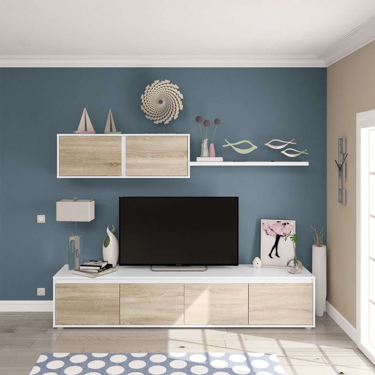 Parete attrezzata soggiorno moderna mobile TV pensile mensola sala pranzo salotto ROVERE+BIANCO 200 X 41 X 43 cm 0F6663A - 4