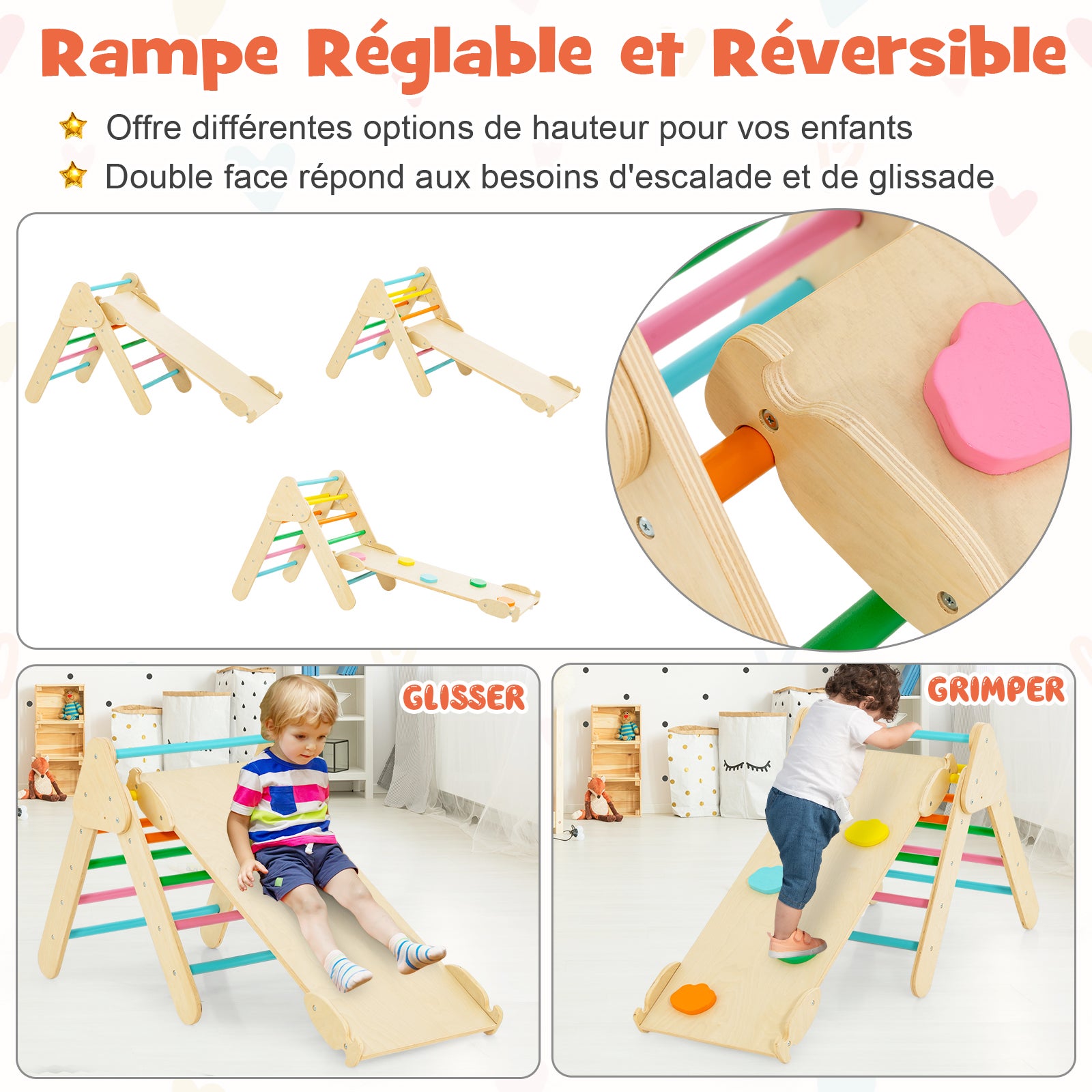 7 en 1 Triangle Arche Montessori d'escalade Enfants avec Toboggan Bois, Rampe, Échelle Réglable, Charge 50 KG, pour Tout-Petits Bébé 1 An+ - 2