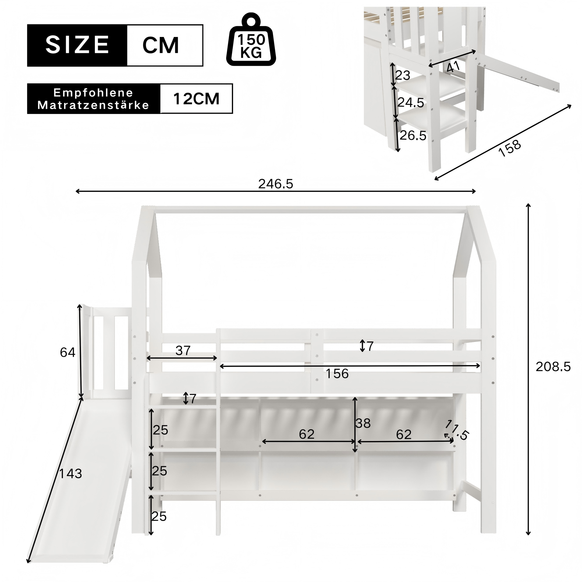 Łóżko piętrowe 90 x 200 cm ze zjeżdżalnią, drabinką, schowkiem i półką - Drewno lite + MDF - Białe (materac nie jest wliczony w cenę) - 8