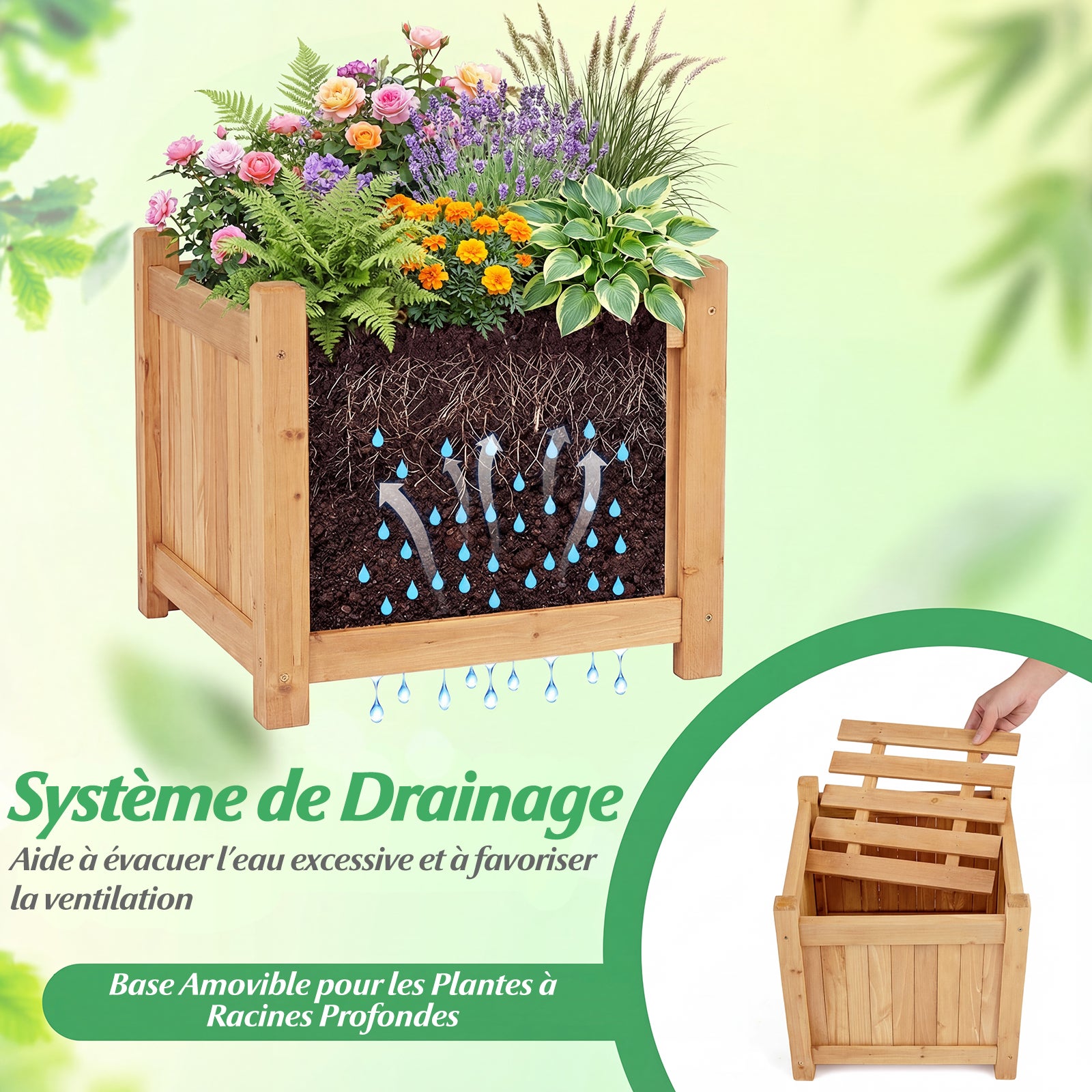 Jardinières d'Extérieur avec Banc 169 x 35 x 35 cm, Bac à Fleurs en Bois Massif Finition Huile de Teck Base Ouverte, Lit de Jardin Surélevé, Naturel - 2