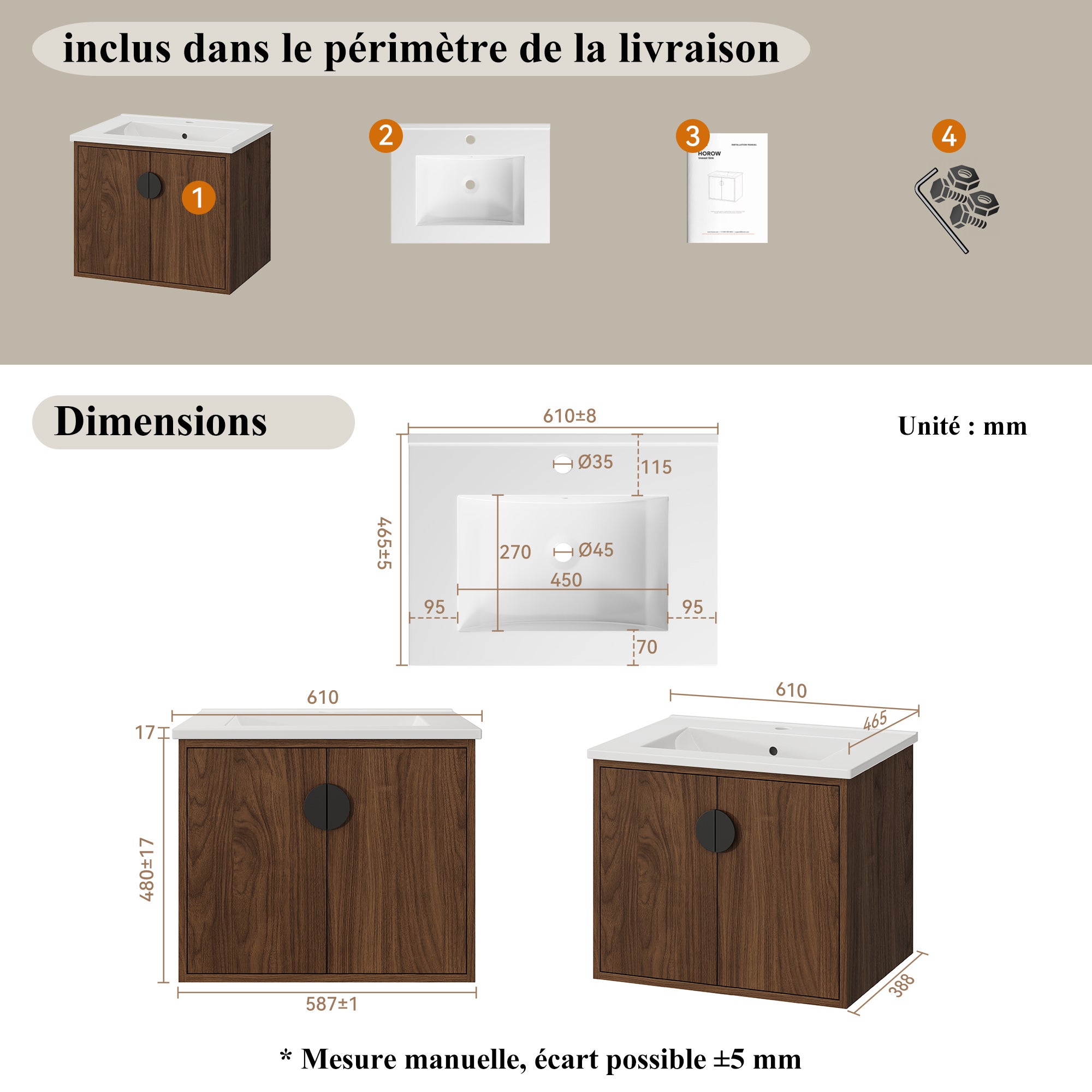 61 cm Meuble sous vasque avec vasque à encastrer - Ensemble de meubles de salle de bain 2 pièces avec vasque et meuble sous-vasque HOROW - 8