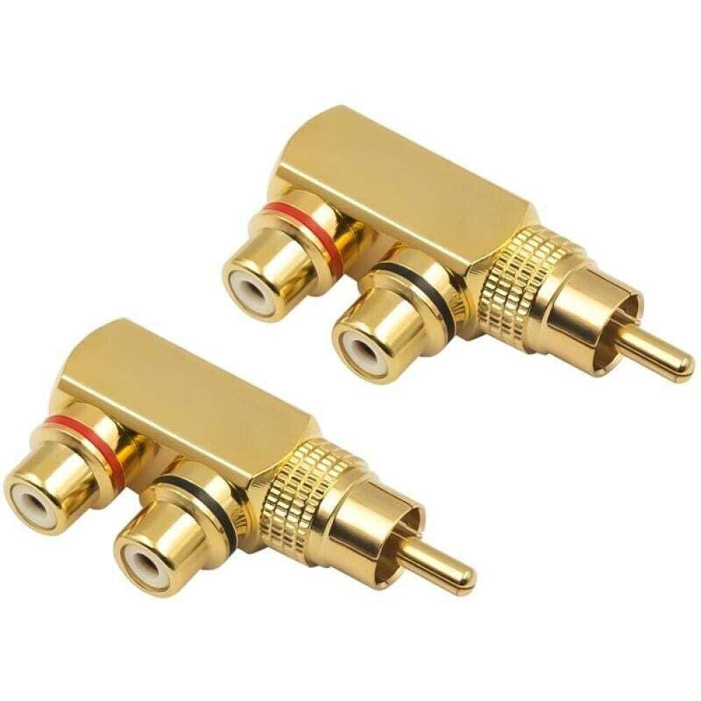 Adapter rozdzielający RCA Y, 90-stopniowy wtyk RCA męski na 2 złącza RCA żeńskie do sygnału audio-wideo, gniazdo pozłacane (opakowanie 2 szt.)