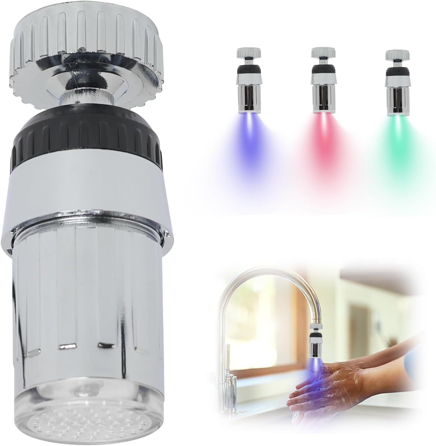 3-kolorowa podświetlana bateria LED, obrót o 360°, czujnik ruchu, wskaźnik temperatury, kolor biały, akcesoria do baterii kuchennych i łazienkowych