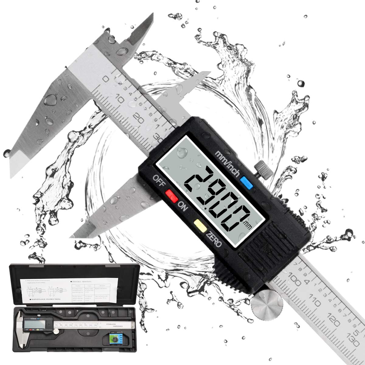 Suwmiarka, Suwmiarka Cyfrowa 300mm Ze Stali Nierdzewnej Duży Ekran LCD Regulowana Precyzja 0.01mm, Konwersja mm/cale, Odporna na Zachlapania