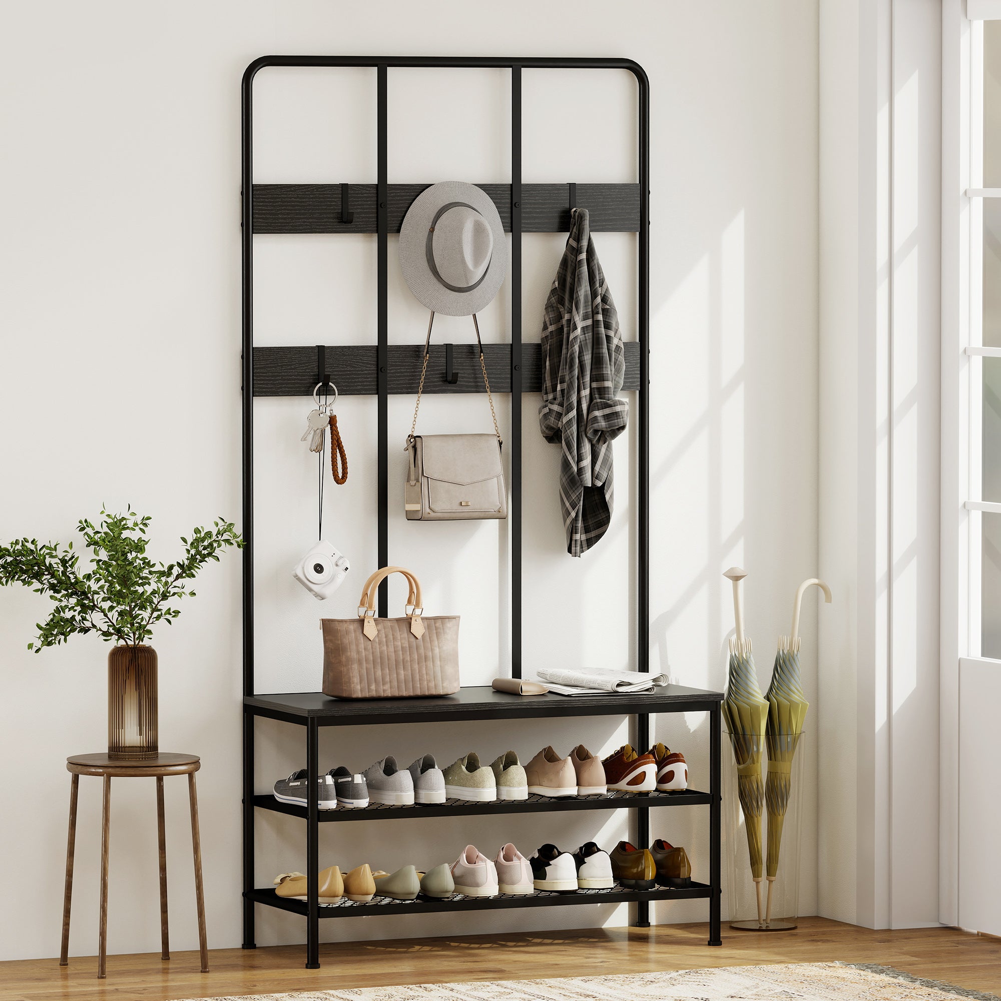 Commode 3 en 1 : porte-manteau, patère, banc, étagère à chaussures, métal, panneau de fibres, noir - 3