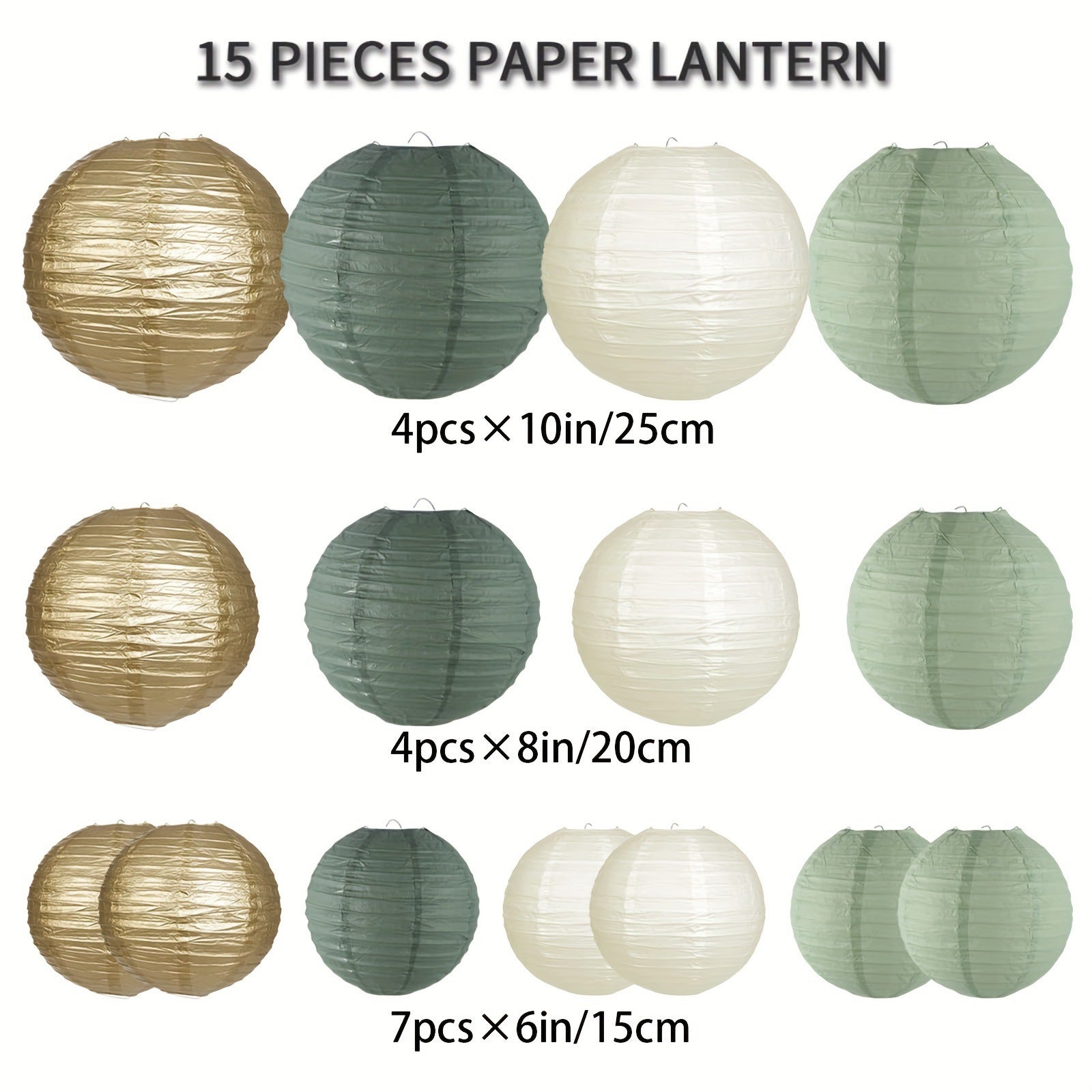 15 Lanternes en Papier Vert Sauge,Crème et Doré - Décoration Parfaite pour Mariages, Anniversaires, Fêtes Prénatales et Jardins 25cm - 2