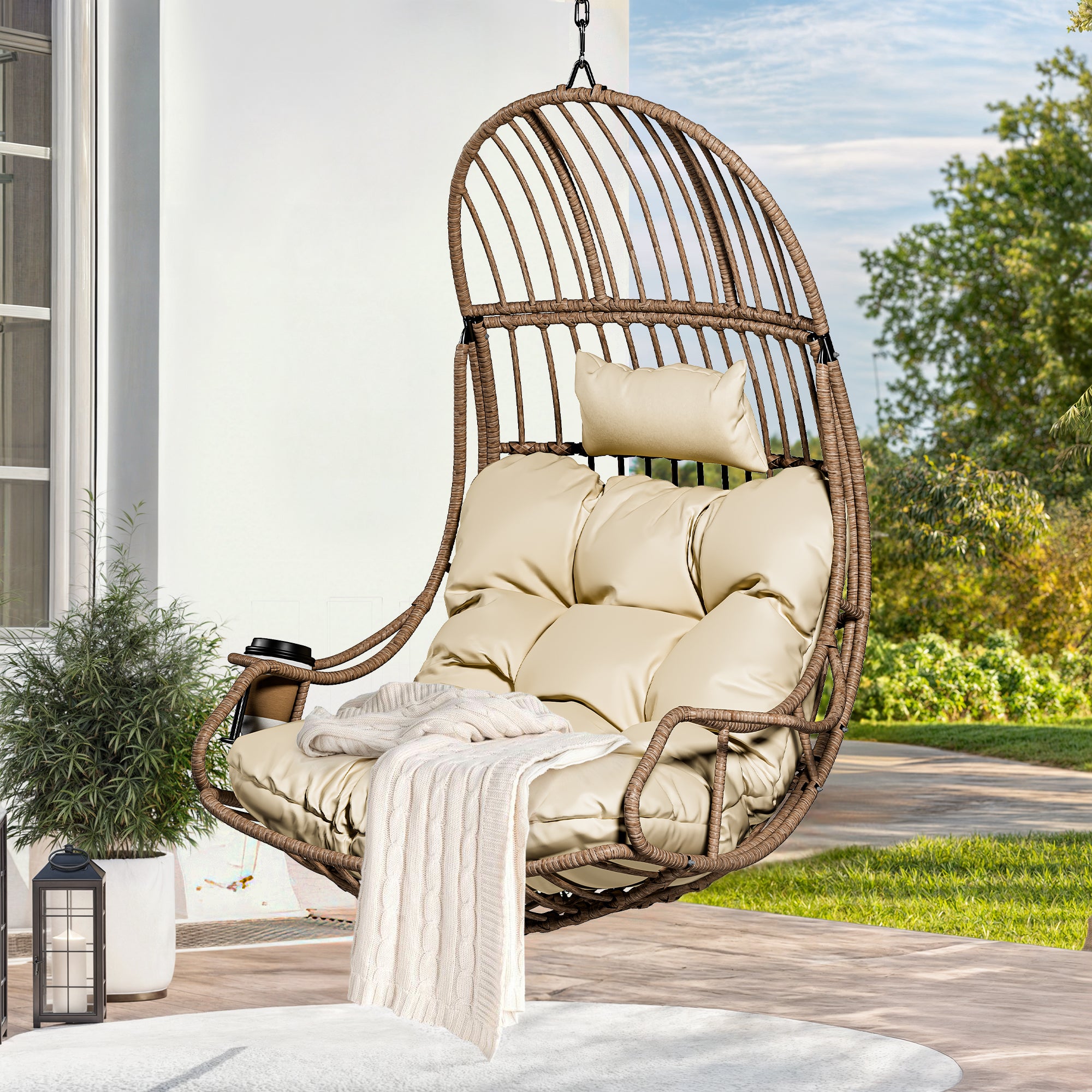 BALCONERA Fauteuil suspendu suspendu en forme d'œuf, charge maximale 150 kg, avec coussin et porte-gobelet - 2