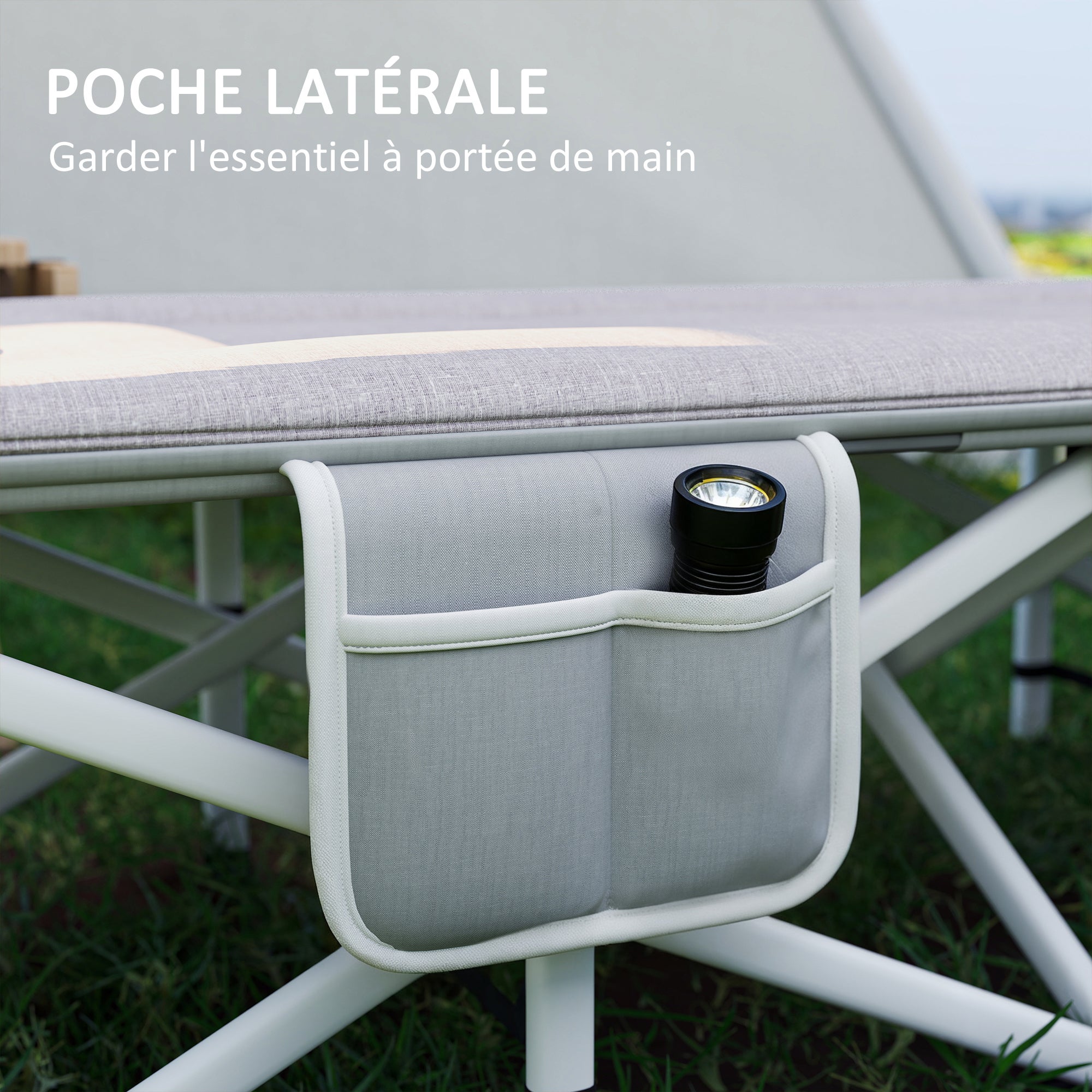 Lit de camping Outsunny pliable avec matelas transat chaise longue sac de rangement intégrée dim. 185L x 65l x 37H cm gris - 6