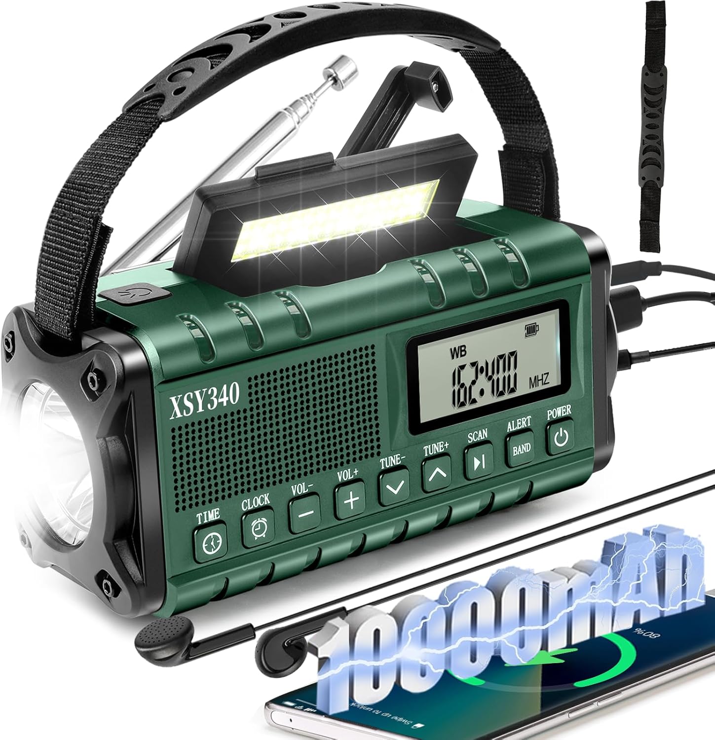 Radio z alarmem pogodowym, radio AM/FM/NOAA/USB-C z korbką, powerbank solarny 10000 mAh, latarka 3 W, SOS przetrwania