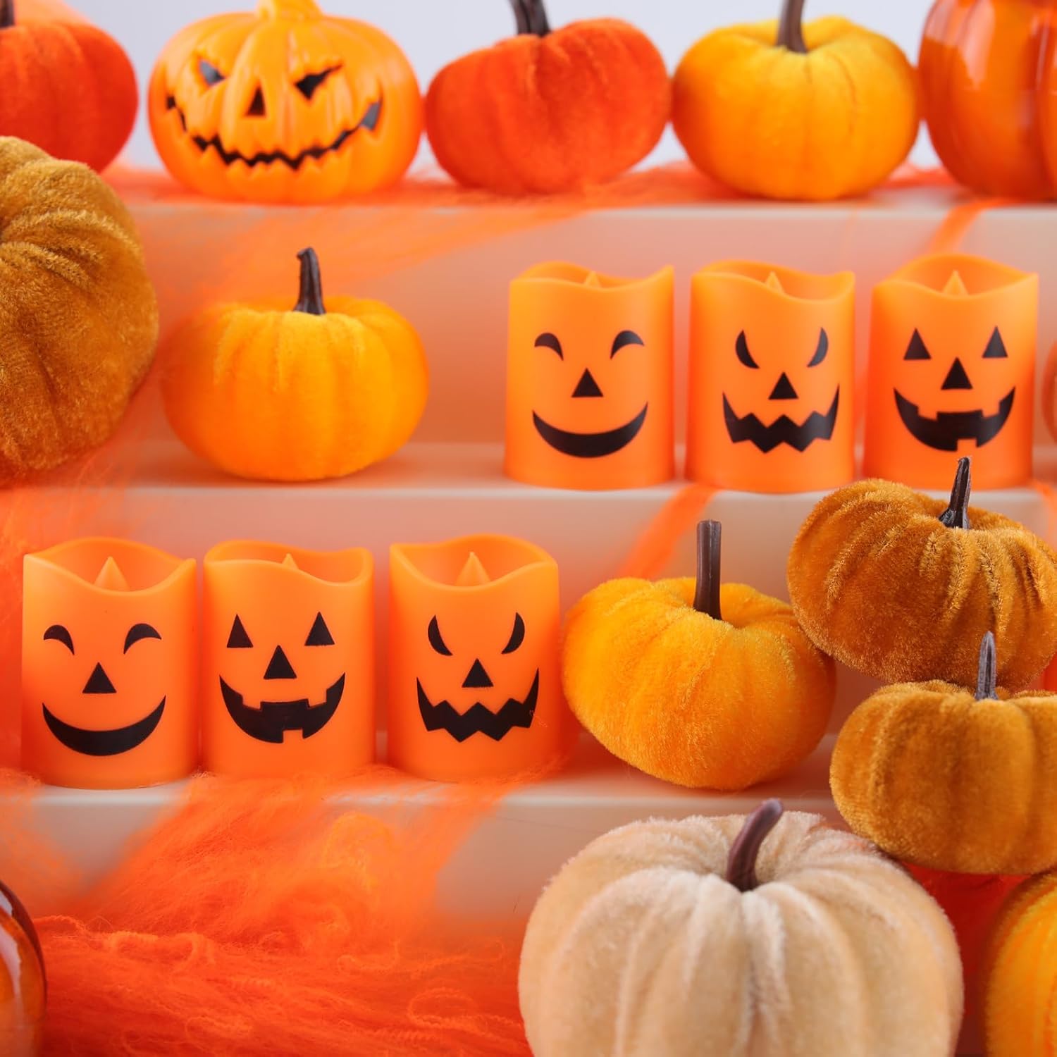 Lot de 6 Bougies LED Halloween – Bougies Citrouille Sans Flamme avec 3 Visages Différents, Fonctionnement à Piles, Décoration de Table pour Maison - 8