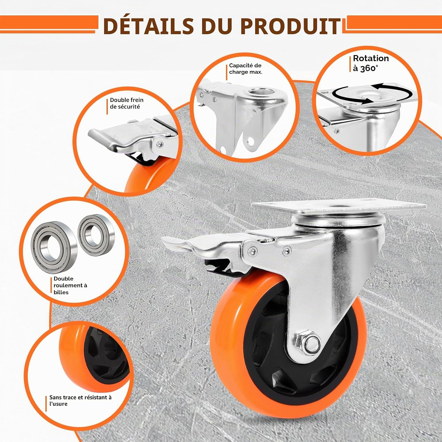 Roulettes pour Meubles 100mm avec 4 Frein, Roulette Charge Lourde ...