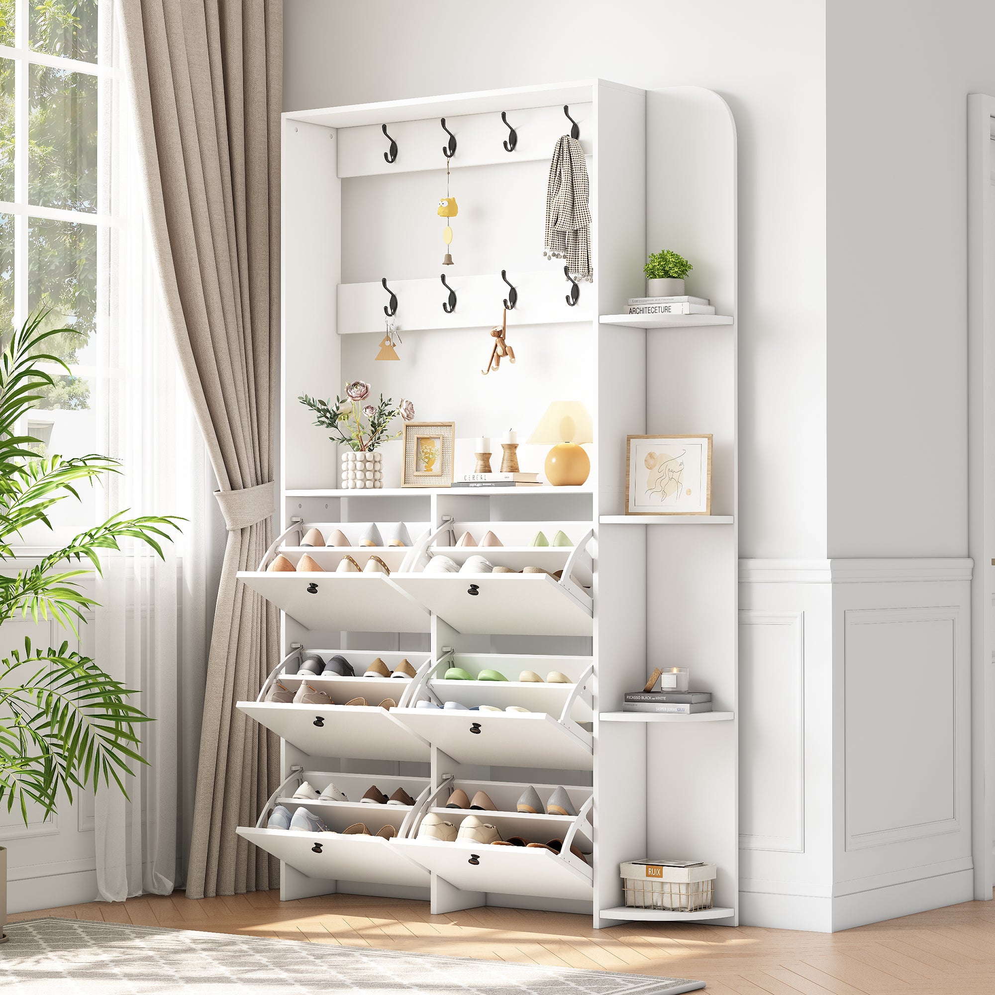 Zestaw szafek do przedpokoju 120 x 24 x 200 cm - Z 6 szafkami na buty - 8 wieszakami - Z 5 półkami - Biały - 2