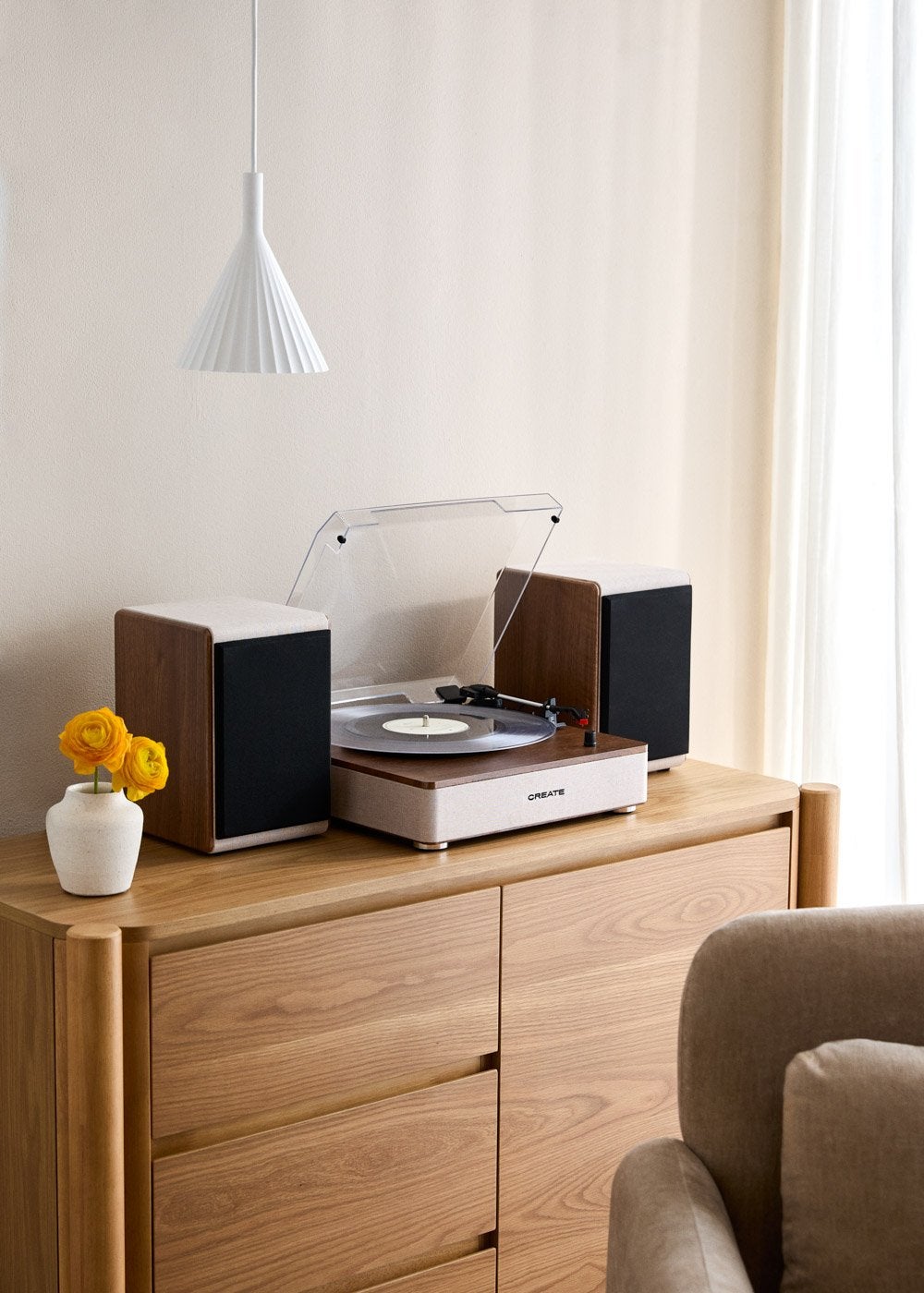 CREATE - RECORD PLAYER PRO - Gramofon z 2 zewnętrznymi głośnikami, Bluetooth i wyjściem RCA - Bois foncé