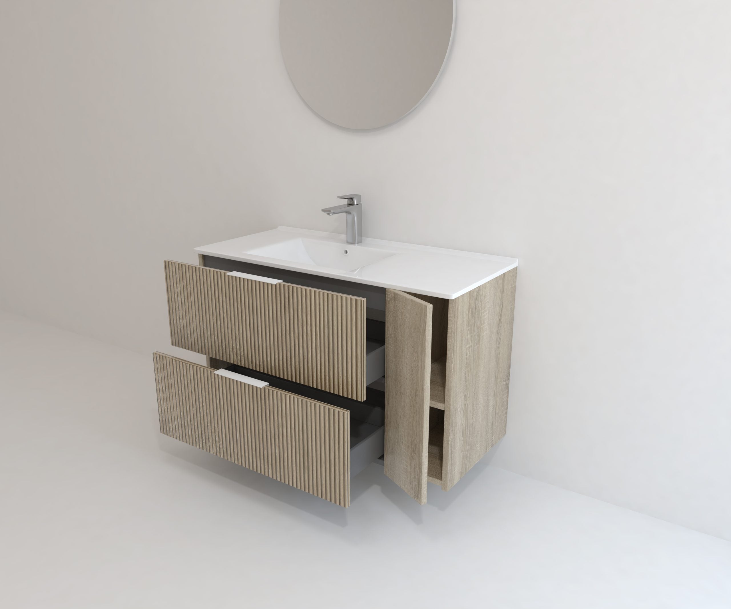 Meuble de salle de bain Mapau Pack avec lavabo et miroir circulaire BRIDAN deux tiroirs chêne Bardolino 100cm - 5