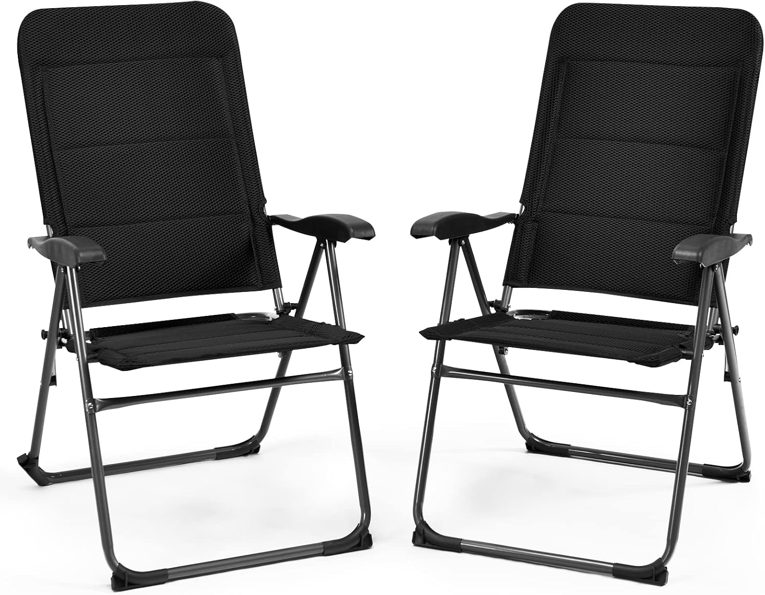 Lot de 2 Scaun Pliabil Exterior, Scaun de Grădină Exterior cu Acordoare, Dosier Reglabil în 7 Poziții, Negru