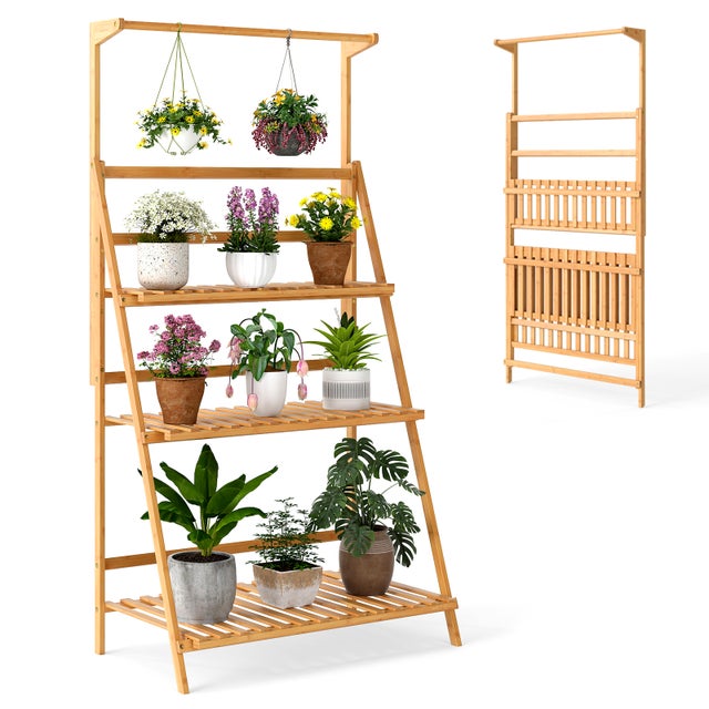 Etagère de jardin pliables à 3 niveaux de rangement, Support Plantes Interieur, 71×40×120-144 cm, bambou brut