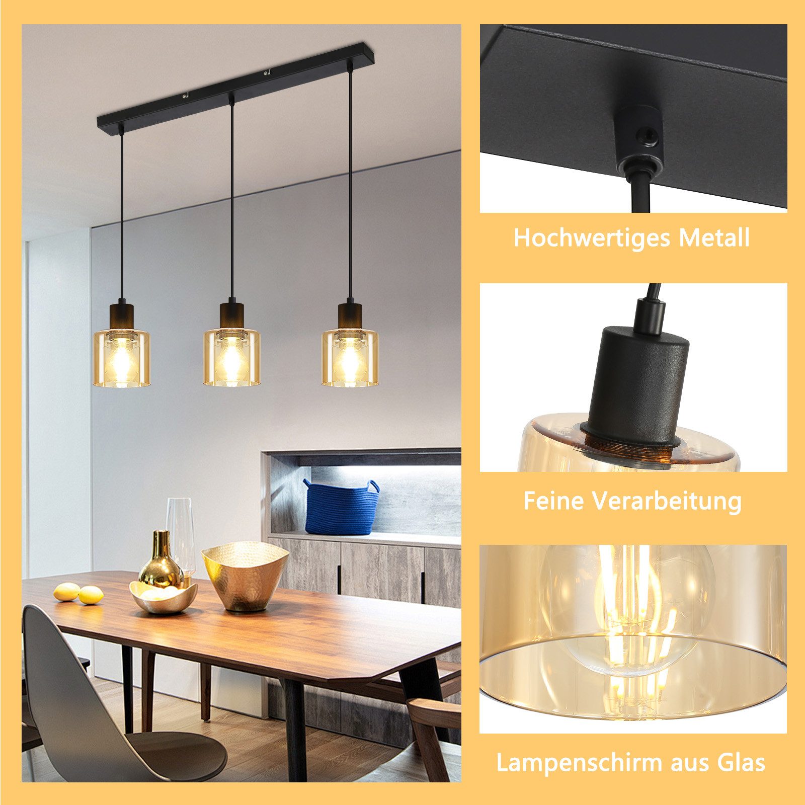 ZMH Candeeiro de teto suspenso E27 3 LUZES Vintage Preto - 7