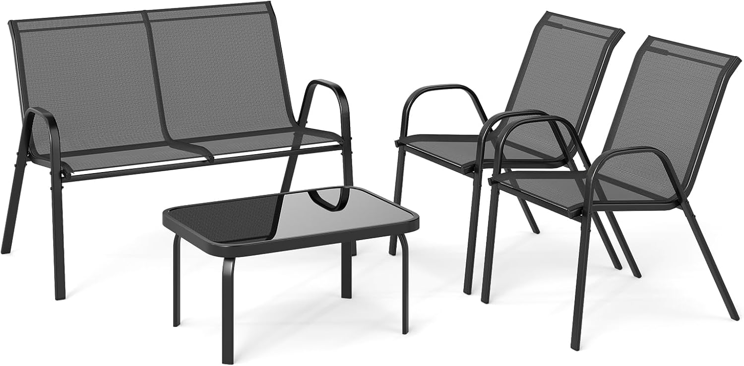 Salon de Jardin 4 Personnes Exterieur, 4 Pcs Canapé Exterieur avec Table Basse en Verre Trempée, 2 Fauteuils,pour Terrasse,Balcon (Gris) - 6