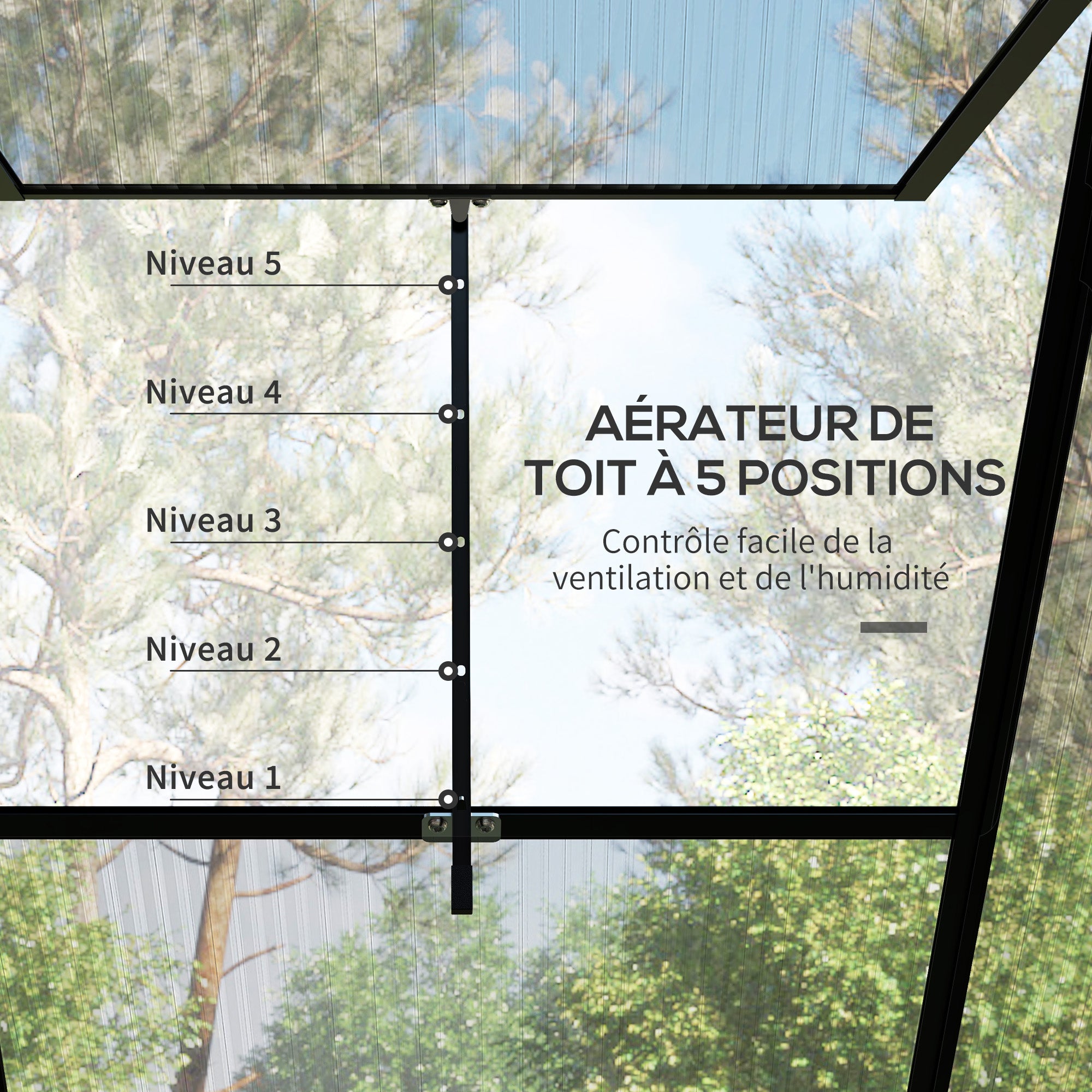 Serre adossée, serre de jardin polycarbonate, avec porte coulissante, évent de toit, fondation, 127 x 253 x 240 cm noir - 9