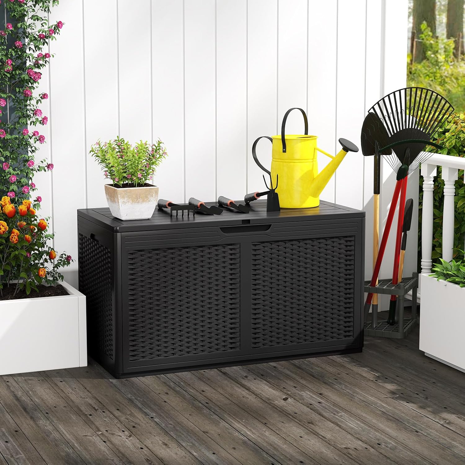 Coffre de Rangement Extérieur Étanche 380 L, Coffre Banc Jardin Exterieur avec 2 Roues, Charge 200KG (Noir,111x56x61-380L) - 3