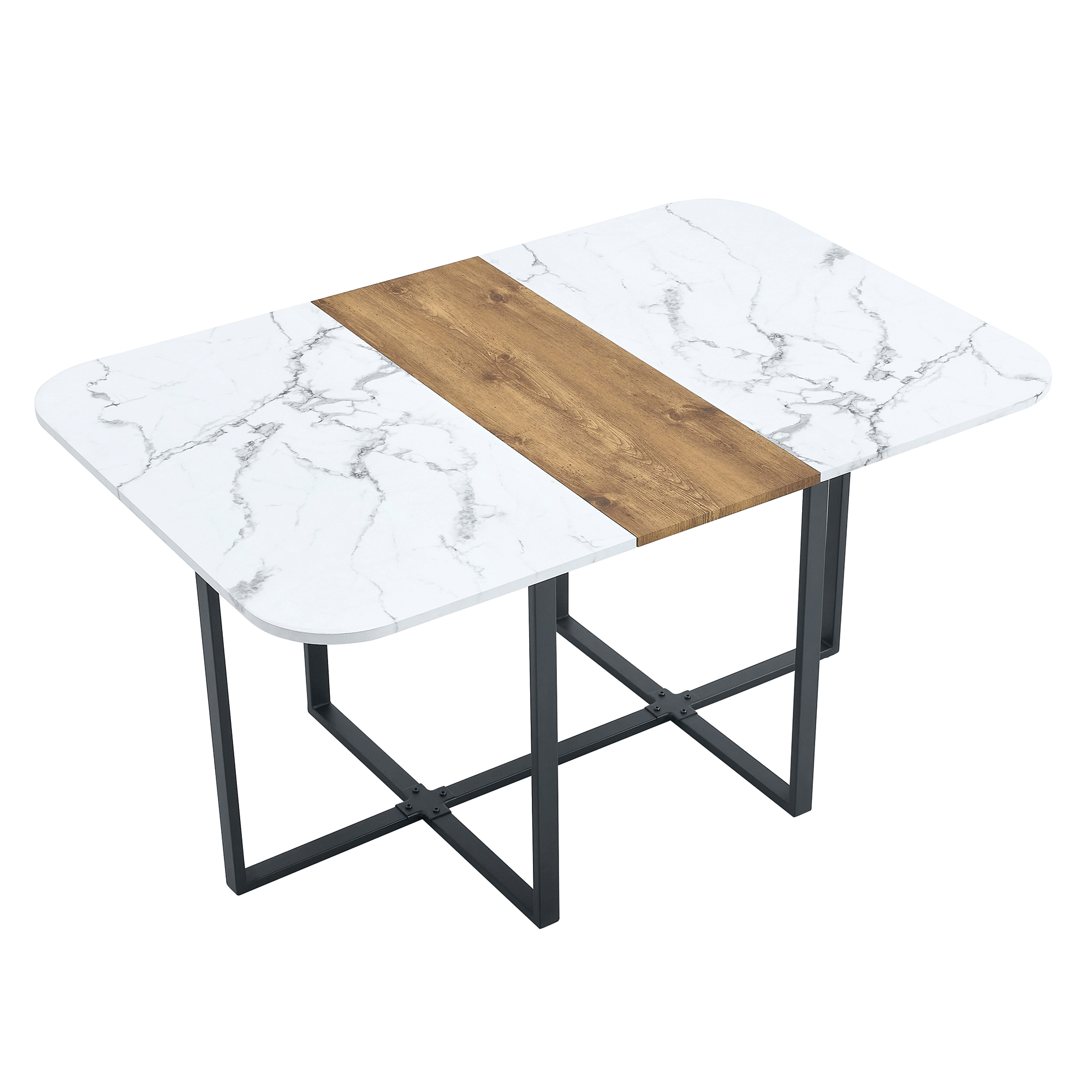 Mesa de comedor extensible 4-6 personas, vetas de madera con acento negro, patas de metal, mesa multifunción moderna