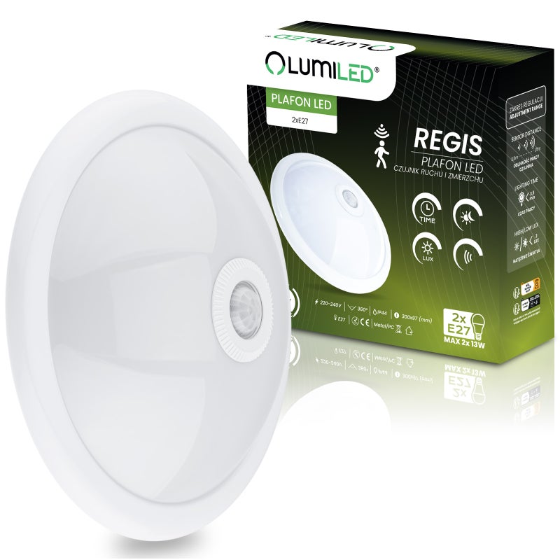 Plafon LED Lumiled Lampa Sufitowa Natynkowa 2x E27 IP44 z Czujnikiem Ruchu i Zmierzchu Biały Okrągły 30cm 1 szt.