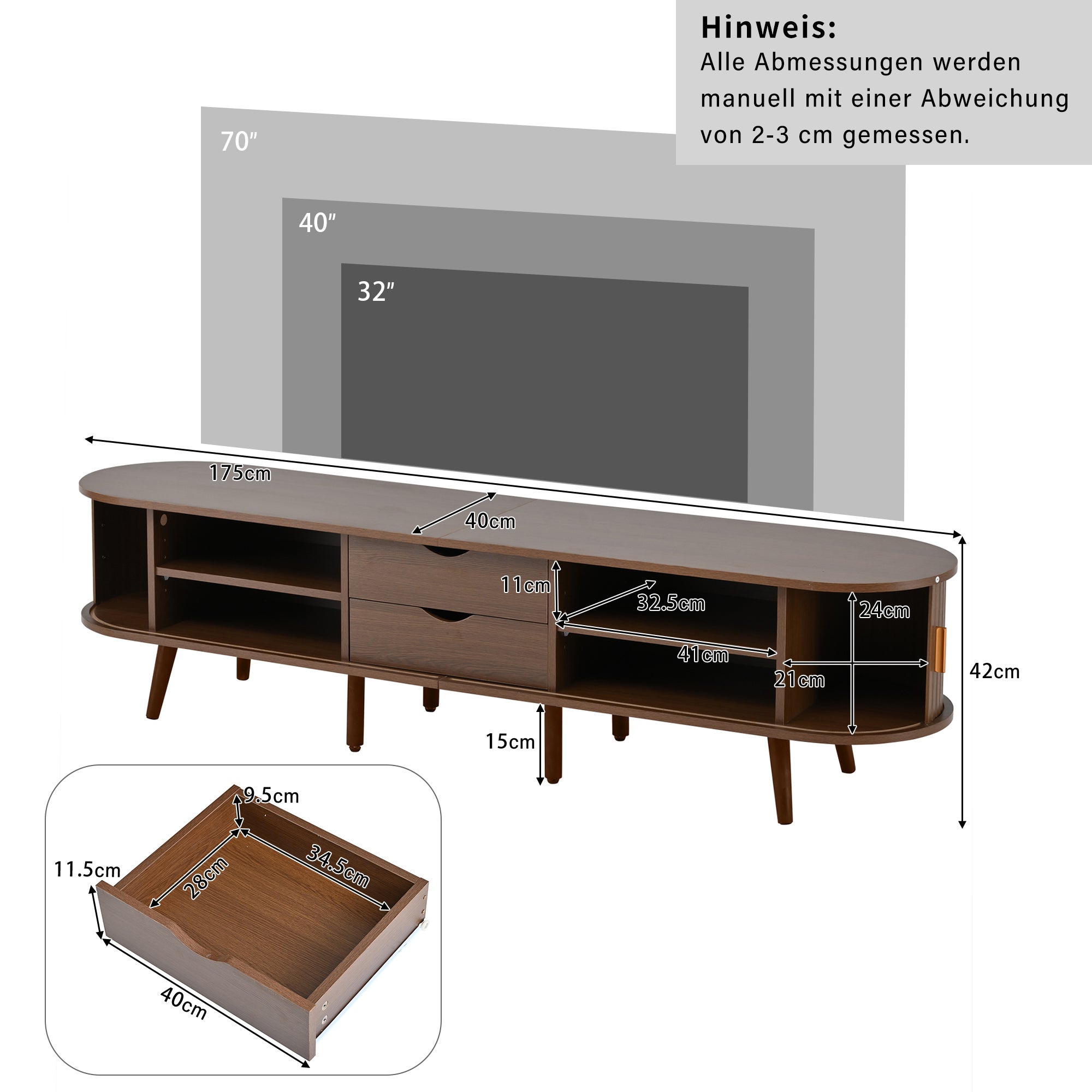 Szafa pod TV 175x40x42 cm - 2 szuflady - 2 przesuwne drzwi - kompatybilna z telewizorem 75 cali - brązowy - 5