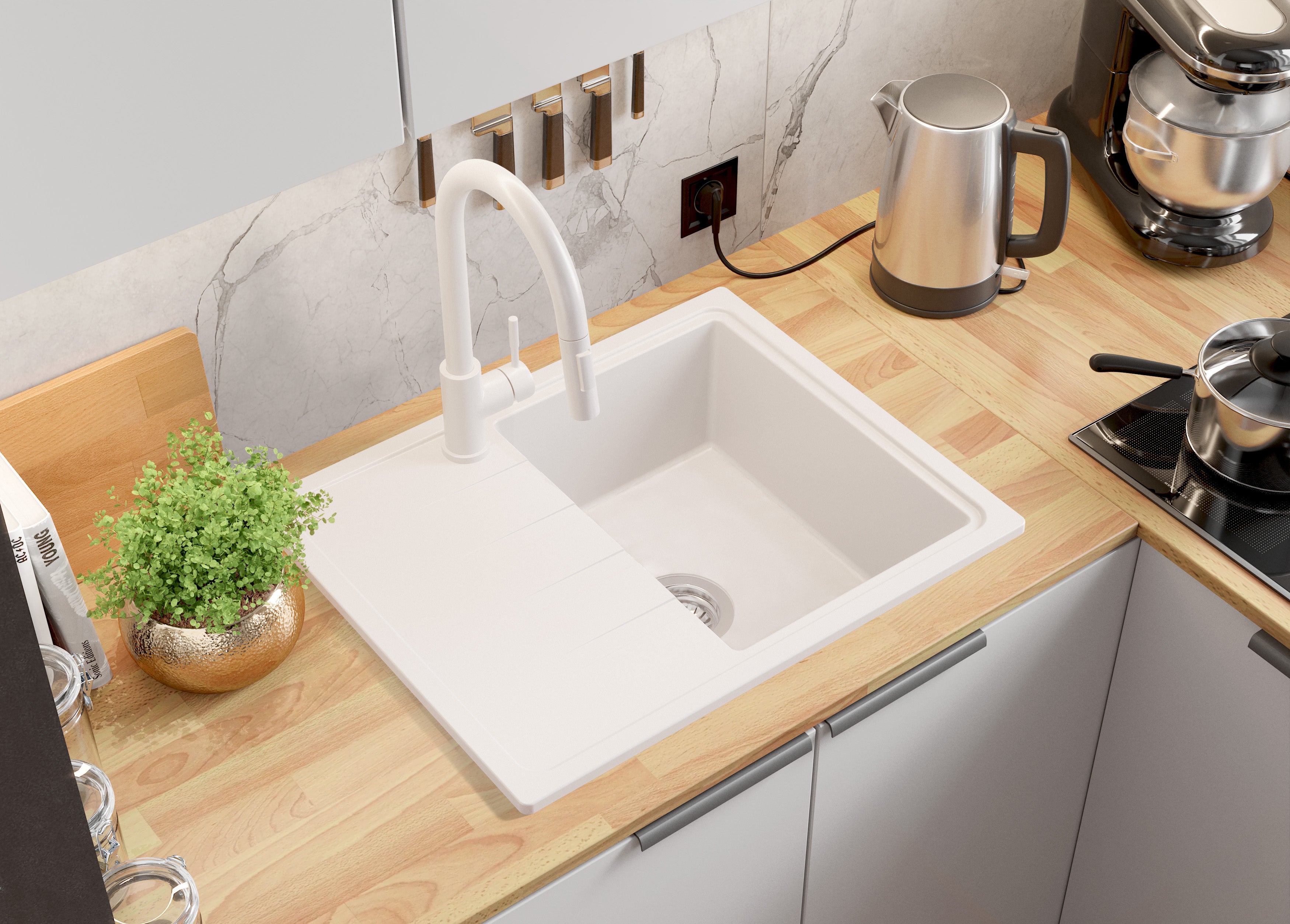 Evier Cuisine en Granit Blanc 62x50cm, Lavabo 1 bac + Kit de Vidage, Évier à Encastrer au meuble 40cm - Milan PRIMAGRAN - 2