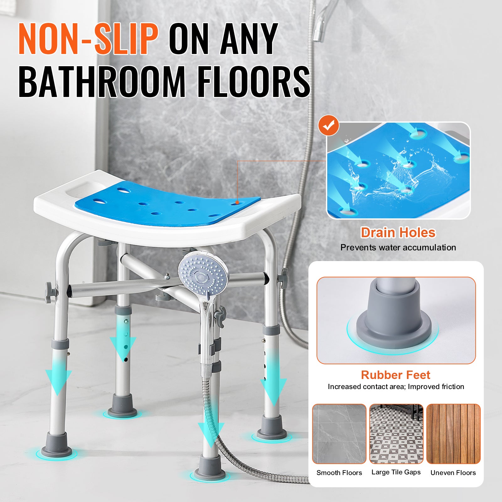 Silla de ducha ajustable en altura,SucceBuy soporte de barra transversal,taburete antideslizante,capacidad de 226,8 kg - 5