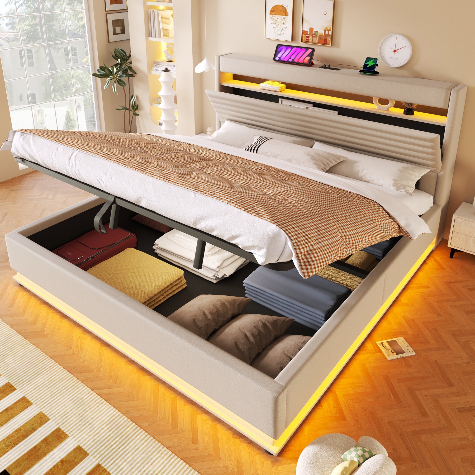 Łóżko z pojemnikiem 180 x 200 cm, z portami USB/Typ-C - Tkanina lniana - Diody LED - Beżowe (Materac nie jest dołączony)