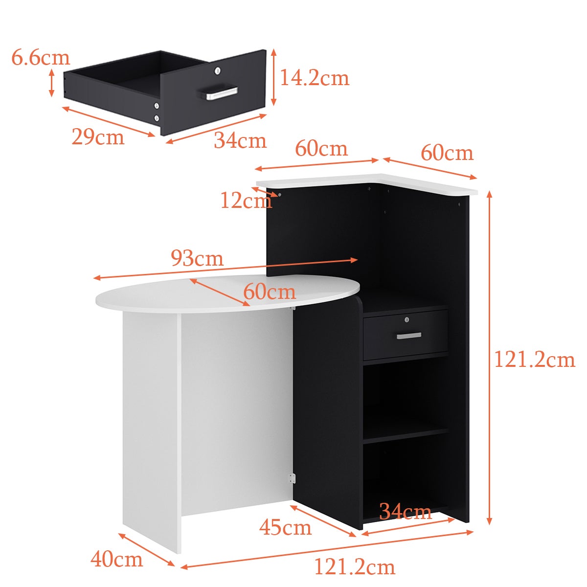 Bureau d’Accueil avec Compartiments et Tiroir, Comptoir de Réception avec Plan de Travail Ovale, Bureau,121x60x121cm, Blanc et Noir - 3