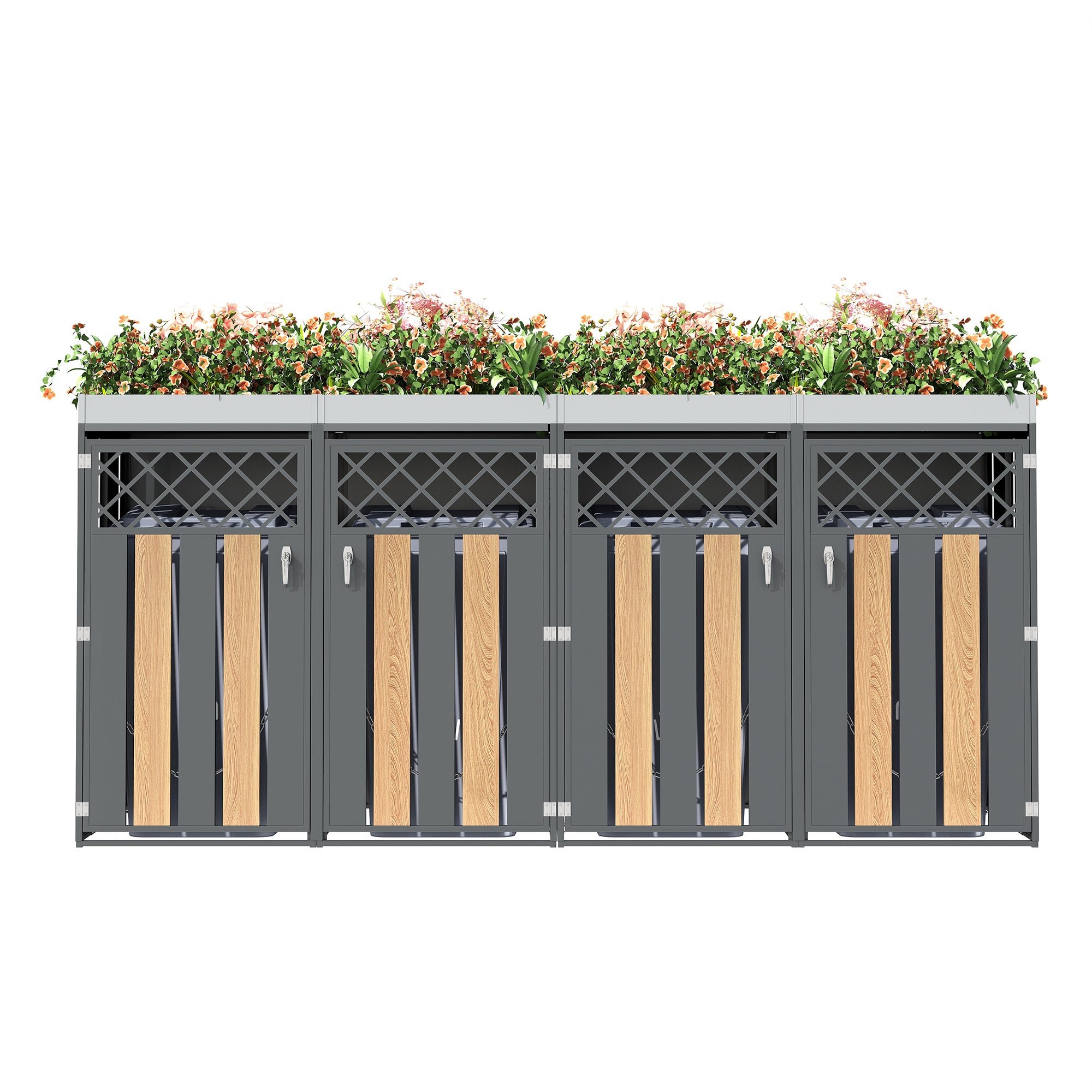 Poczwórna Obudowa na Śmietniki 4x240L z Donicą - Stal Ocynkowana, Wykończenie Drewno - Wentylowana - Antracytowy Szary