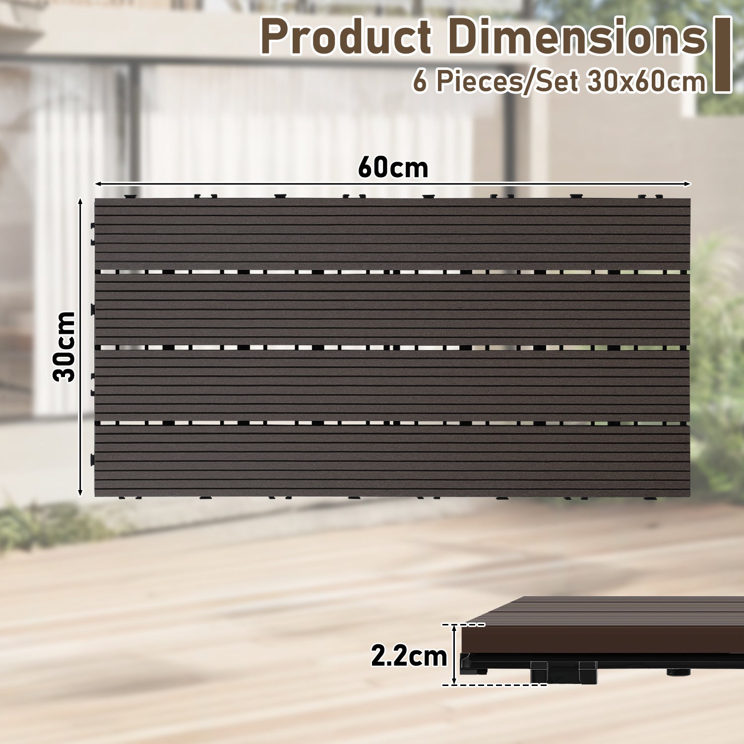 30 x Dalles de terrasse en WPC pour balcon et jardin installation sans outil structure adaptée aux grandes aces Marron café 30x60CM - 2