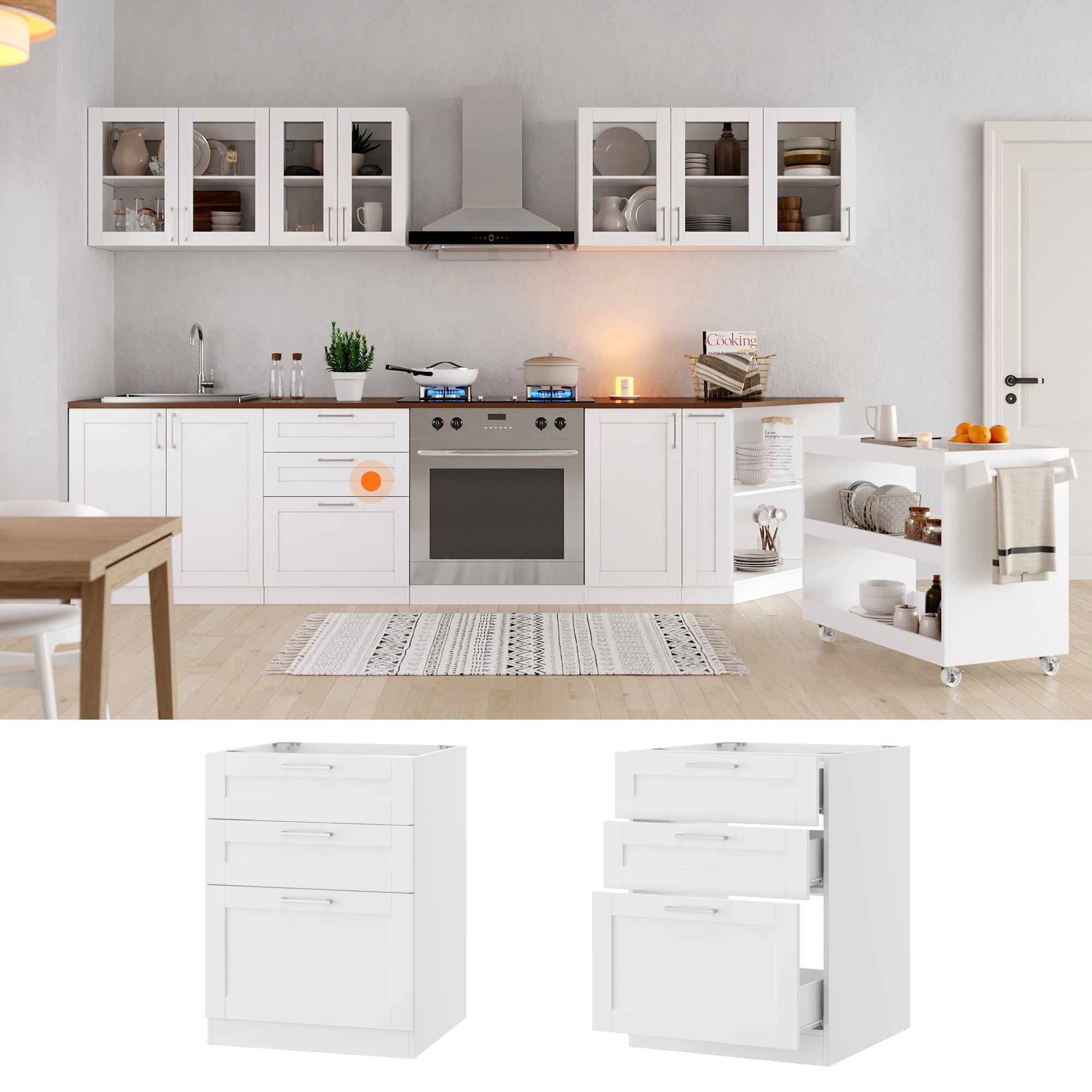 Meuble Bas de Cuisine sans PT, Élément Bas de Cuisine avec 3 Tiroirs et Poignée Argentée, 60 x 61.5 x 81.5cm, Blanc - 4