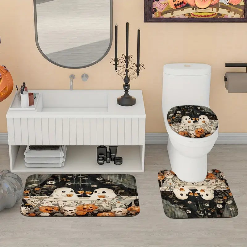 3 pièces mignon fantôme citrouille tapis antidérapants,housse d'abattant de toilette et tapis de bain, décoration de salle de bain Halloween,polyester - 3