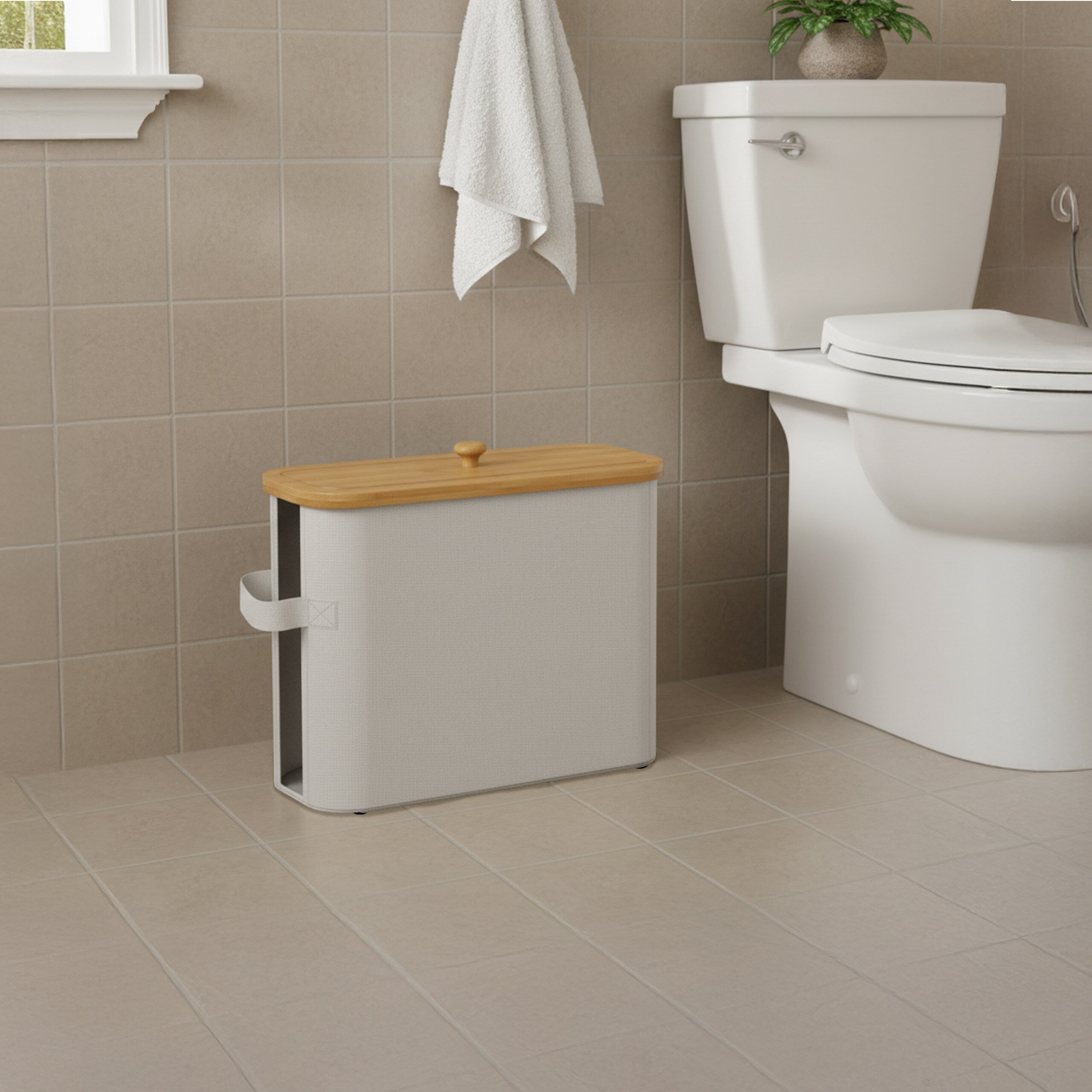 StorageWorks Cesto Portarotoli In Bambù E Tessuto – Capienza 9-12 Rotoli, Finestra Laterale, Maniglie E Piedini Antiscivolo, Ripiegabile, Marrone Chiaro 44x18x37,5 Cm