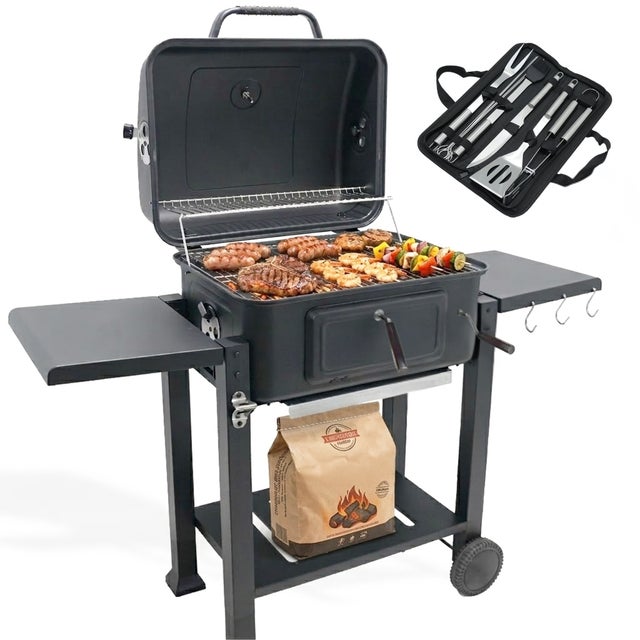 Barbecue Charbon de Bois avec Couvercle | Grille de Cuisson XL 54x43 cm