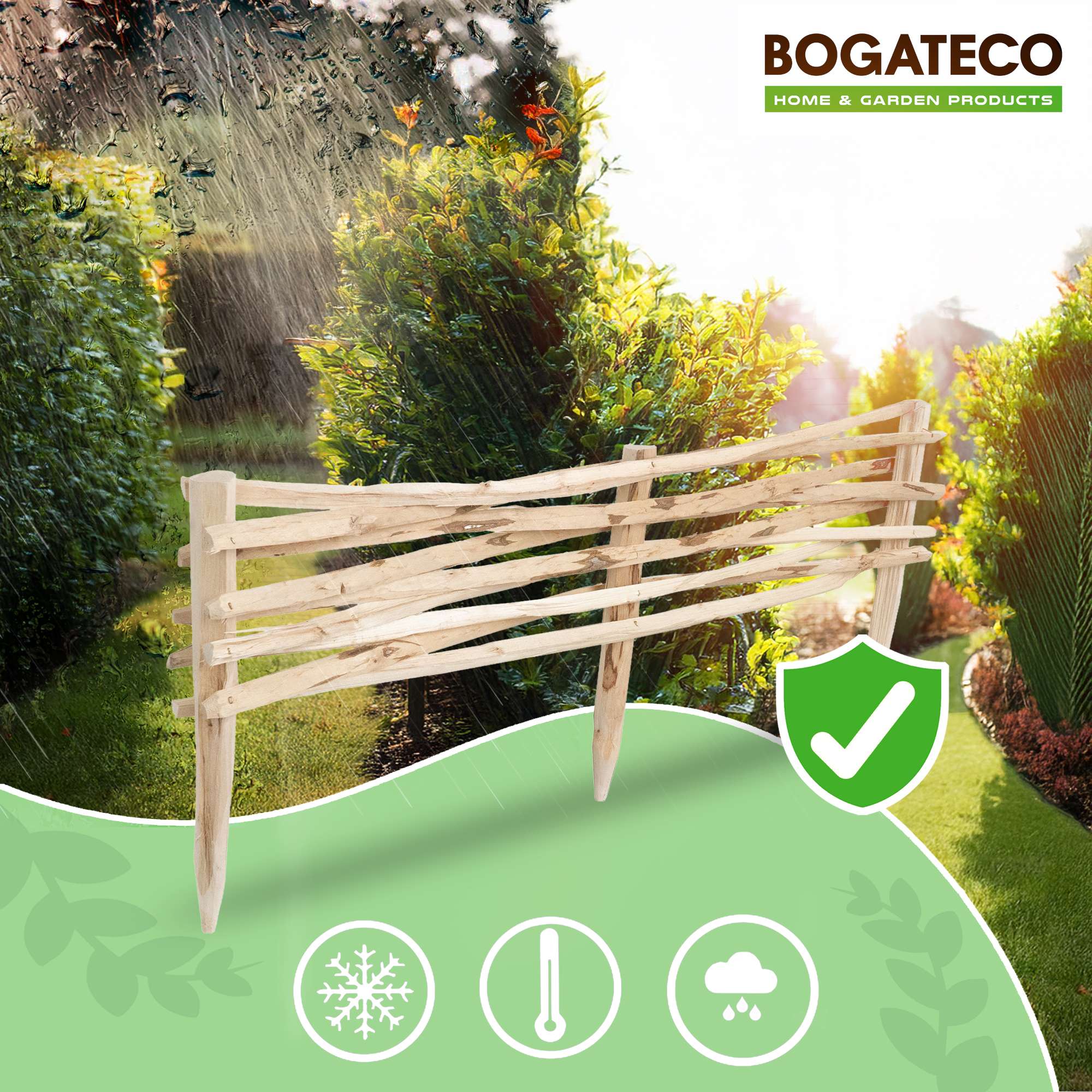 BOGATECO Lot de 3 Bordures de Jardin en Noisetier Naturel - Longueur 90 cm - Hauteur 20 cm - Clôture à Planter - Support de Parterre en Bois - 4