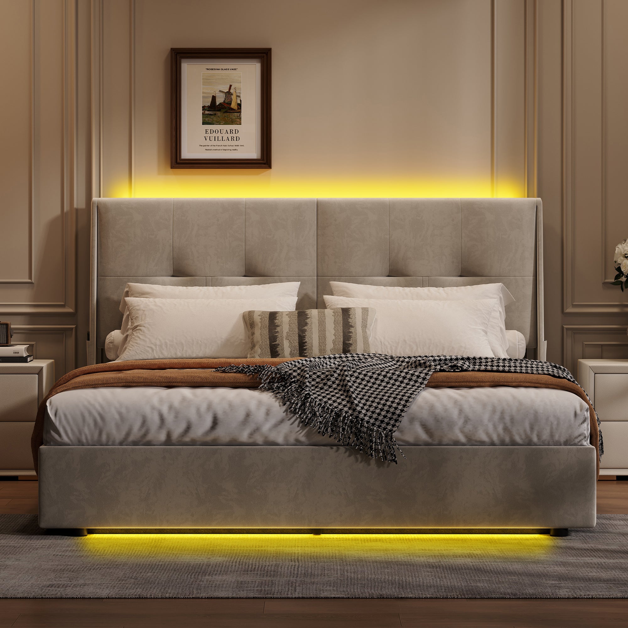 Lit 180x200cm, LED app, USB, rangement hydraulique, sommier lattes, lin beige