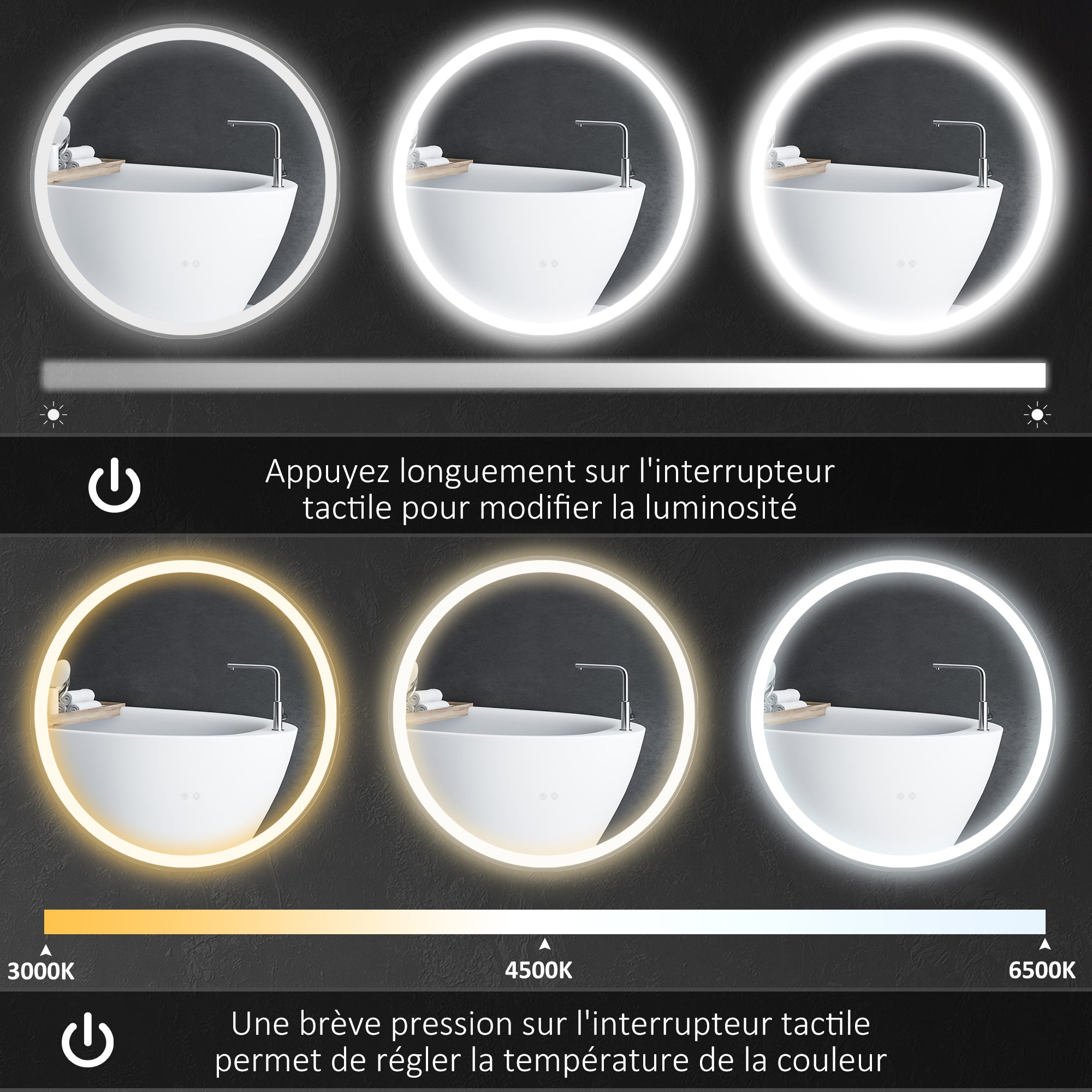 Miroir de salle de bain rond à éclairage LED, diamètre 80 cm, fixation murale, éclairage 3 couleurs, interrupteur tactile, 46 W, blanc argenté - 8