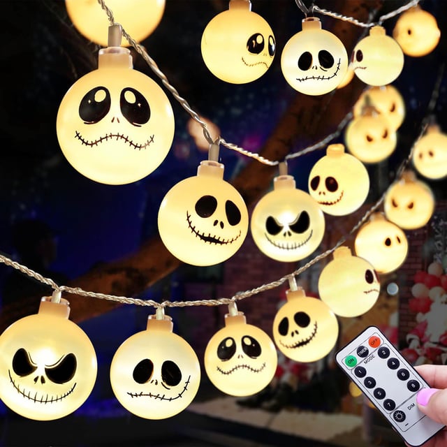 8 modalità 4,5 m 30 LED Nightmare Before Christmas Luci a corda Decorazioni di Halloween Luci di Natale a batteria con telecomando