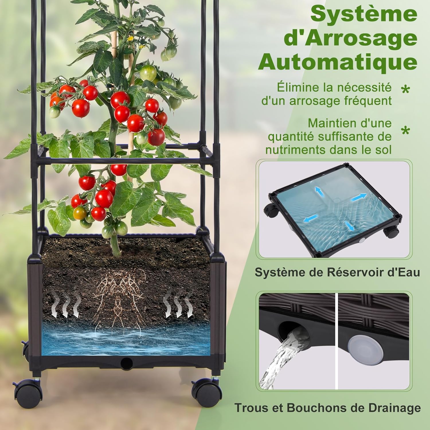 Fioriera con Grigliato per Piante Rampicanti, Letto Rialzato con Spalliera, Sistema di Auto-irrigazione, Altezza Regolabile e Ruote, Fioriera - 3