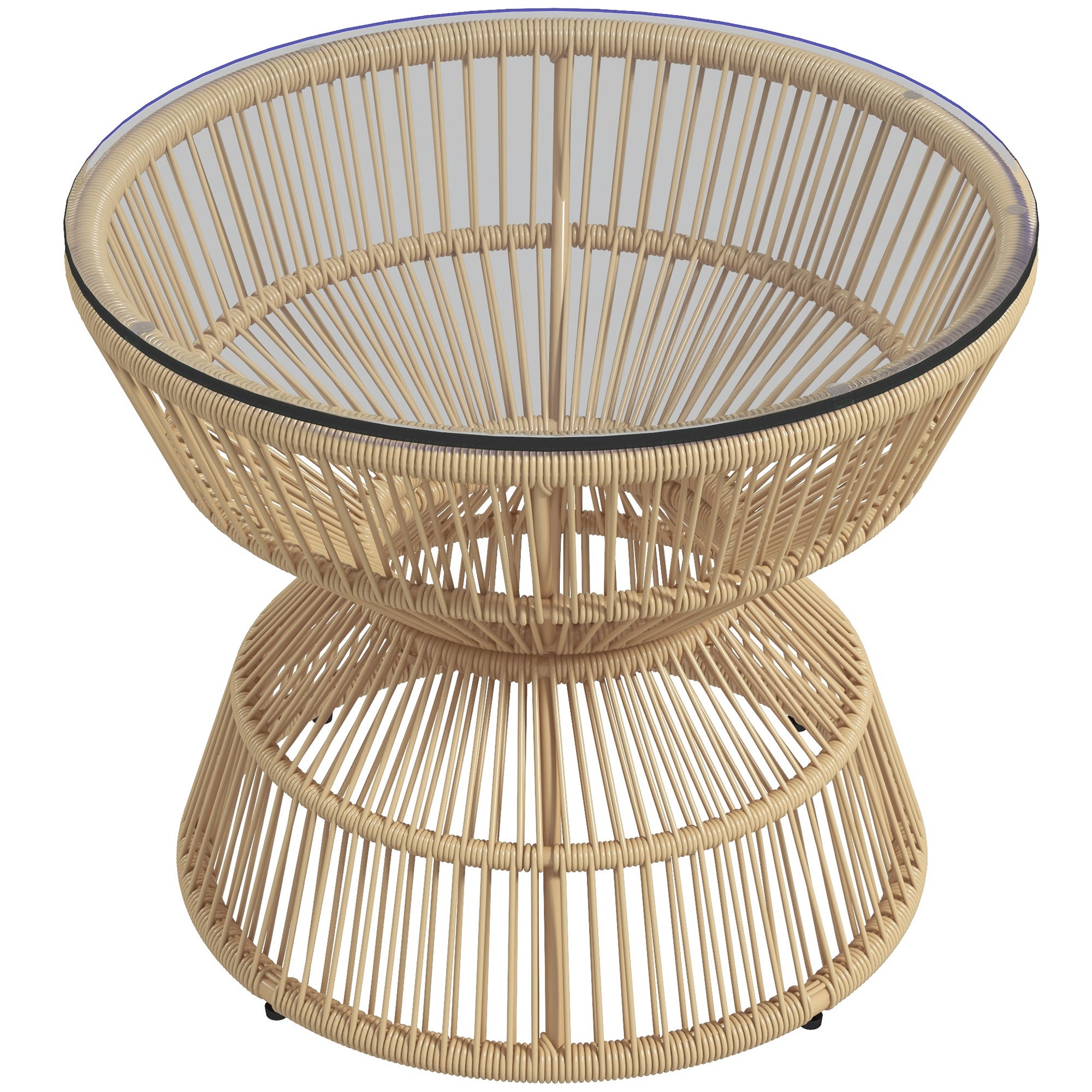 Stolik pomocniczy do użytku na zewnątrz, stolik ogrodowy, stolik pomocniczy z rattanu, talerz szklany, rattan PE, 60 cm x 60 cm x 50 cm, naturalny