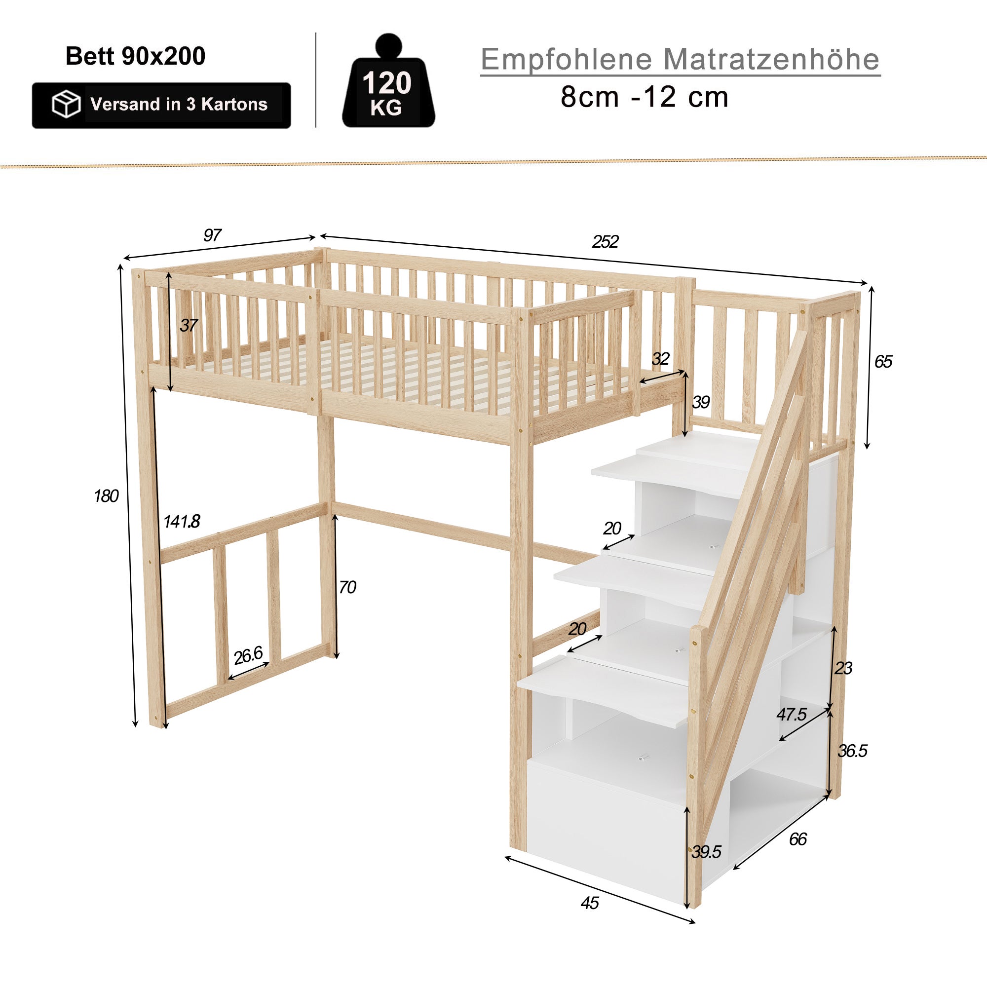 Lit mezzanine 90x200cm en bois massif - avec escalier de rangement - Naturel - 5