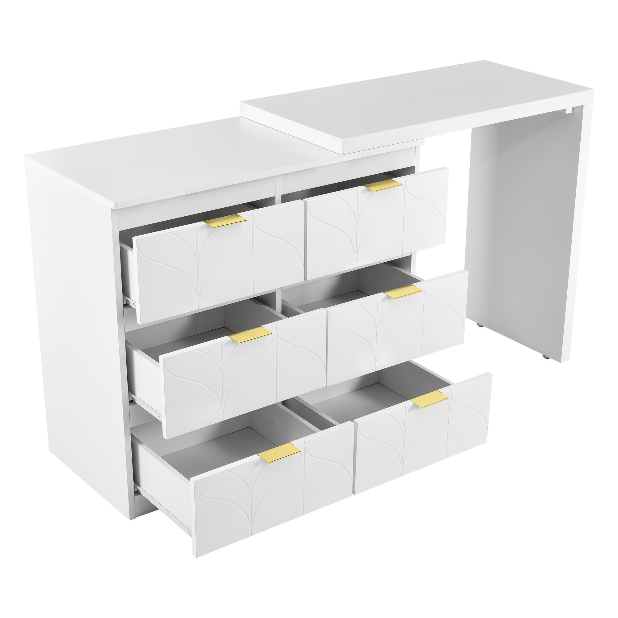 Toilette con tavolino - 6 cassetti e piano girevole a 180° - Legno MDF - Bianco - Senza specchio - 9