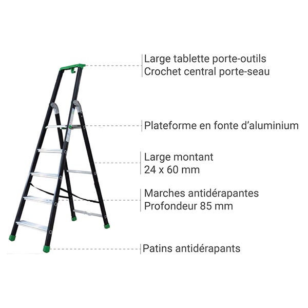 Escabeau anodisé 5 marches - Hauteur max. de travail 2.92m - Q50/5P - 3