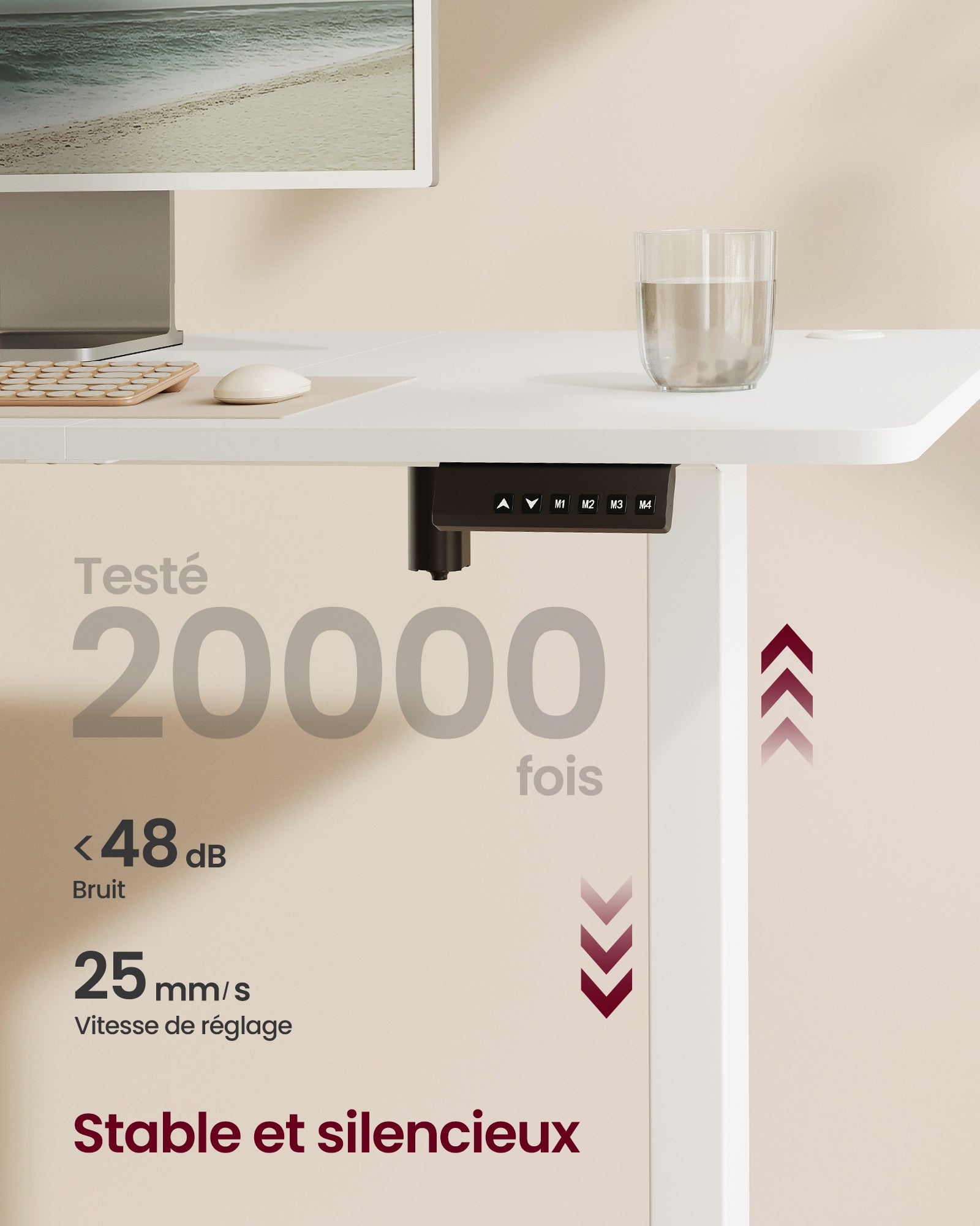 Bureau Électrique Réglable en Hauteur, 180 x 80 cm, Table Assis-debout, Fonction Mémoire 4 Hauteurs, pour Bureau, Télétravail, Blanc Nuage - 3