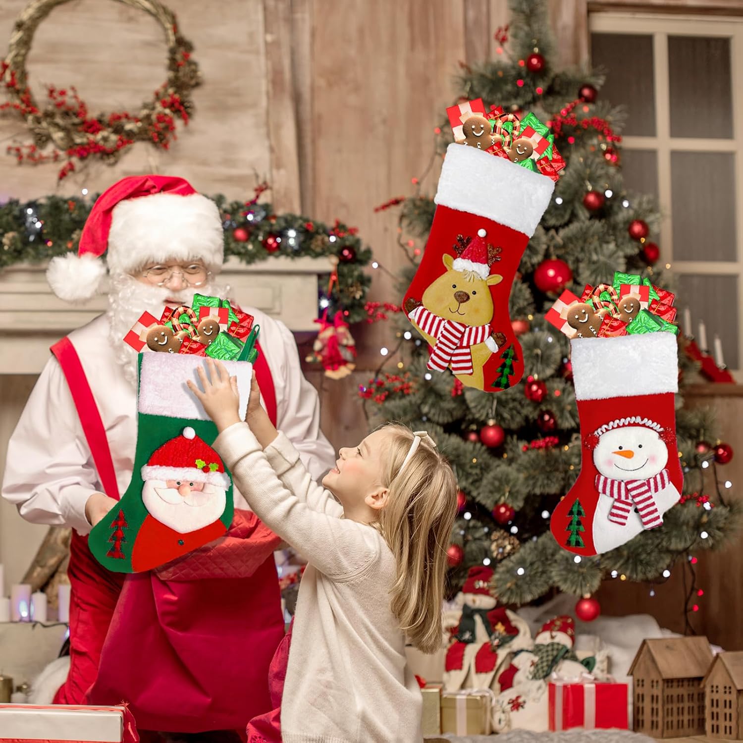 Set 4 Calze Di Babbo Natale Natalizie, 4 Design Diversi (Babbo, Renna, Pupazzo Di Neve), Con Ganci, Decorazioni Fai Da Te - 2