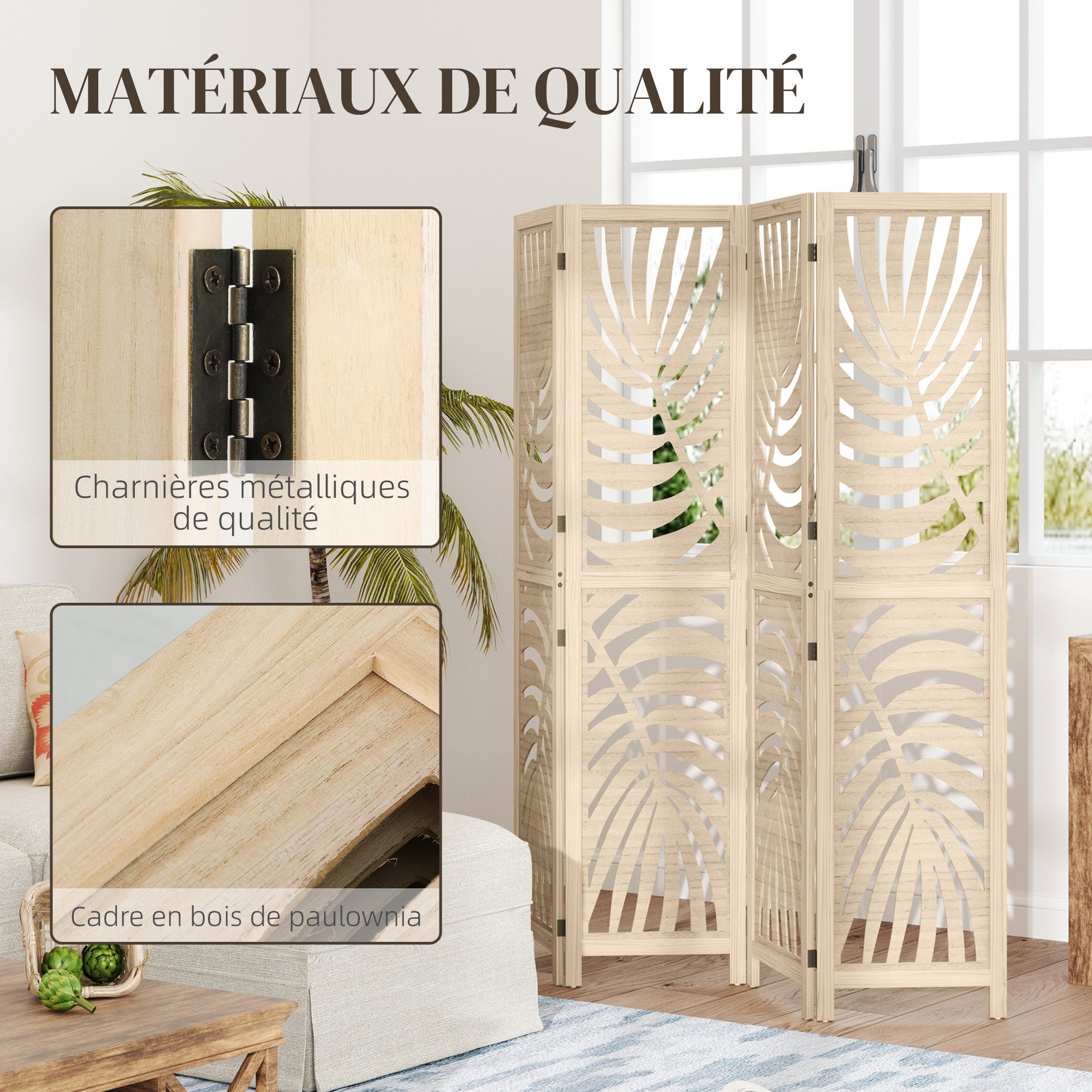 Paravent interieur Bois de paulownia HOMCOM - 7