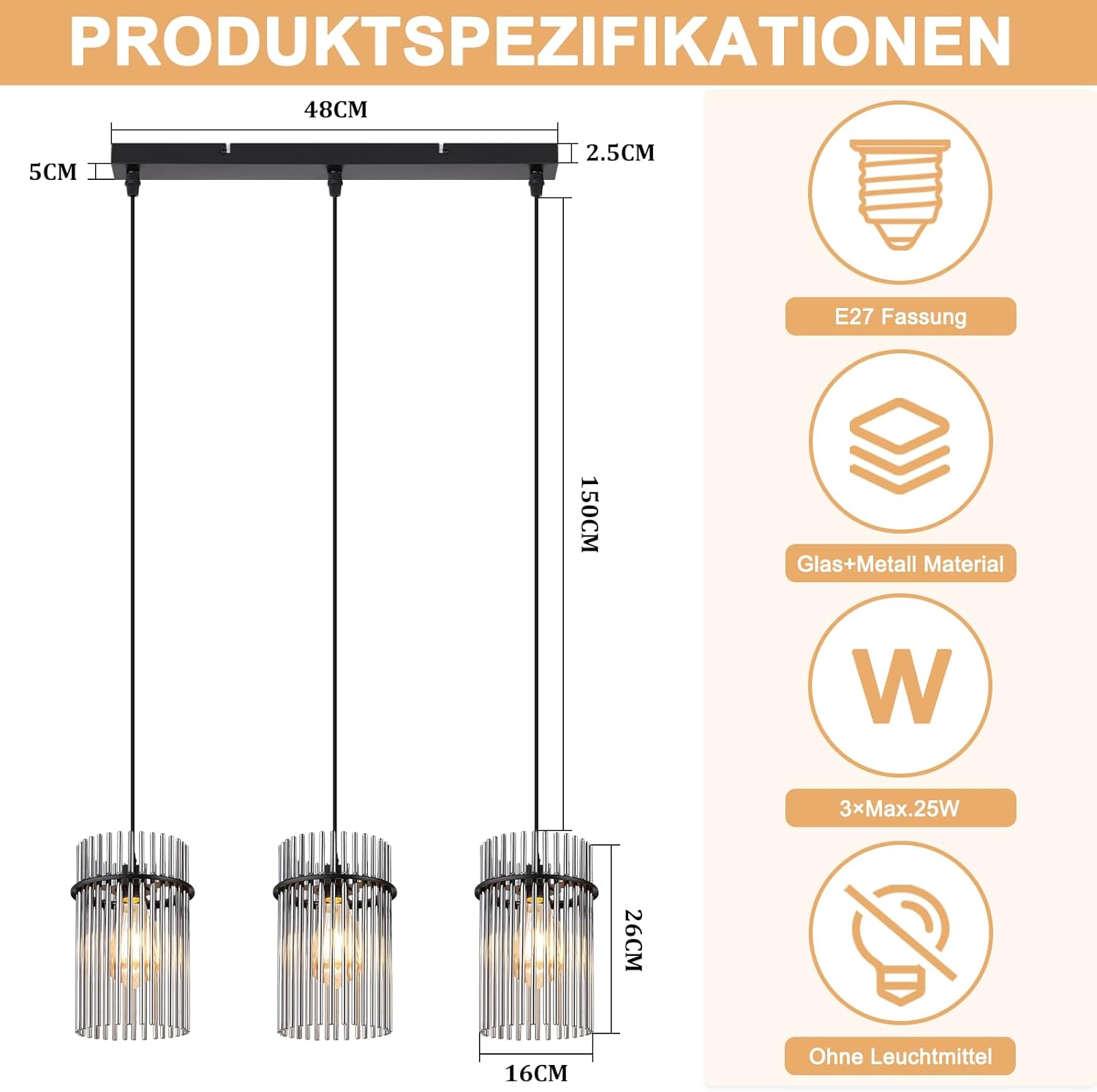 ZMH Lampa wisząca w stylu vintage z trzema żarówkami, czarne szkło, E27 (żarówka nie jest dołączona) - 3